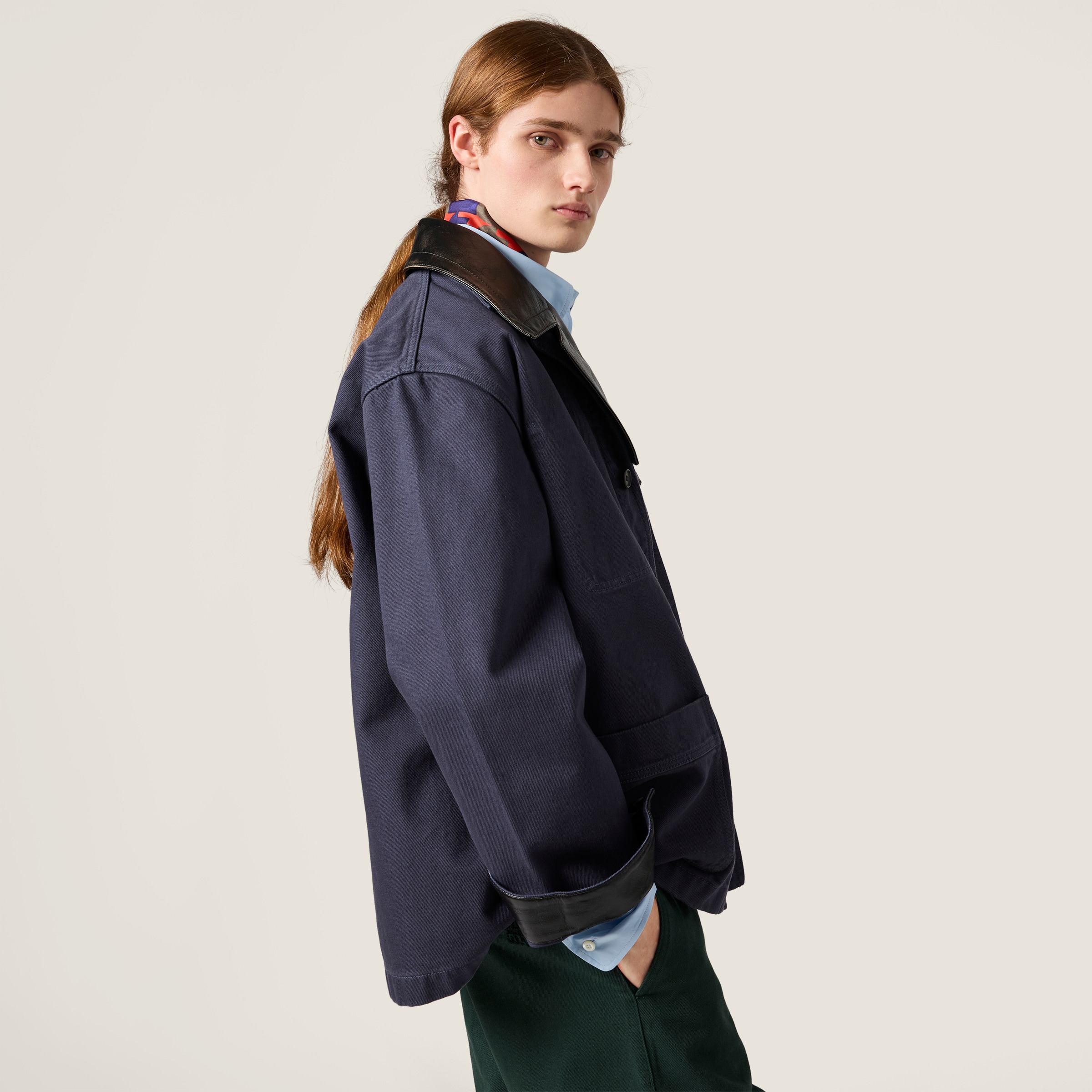 Single-breasted garment-dyed gabardine and leather jacket - thumbnail 4