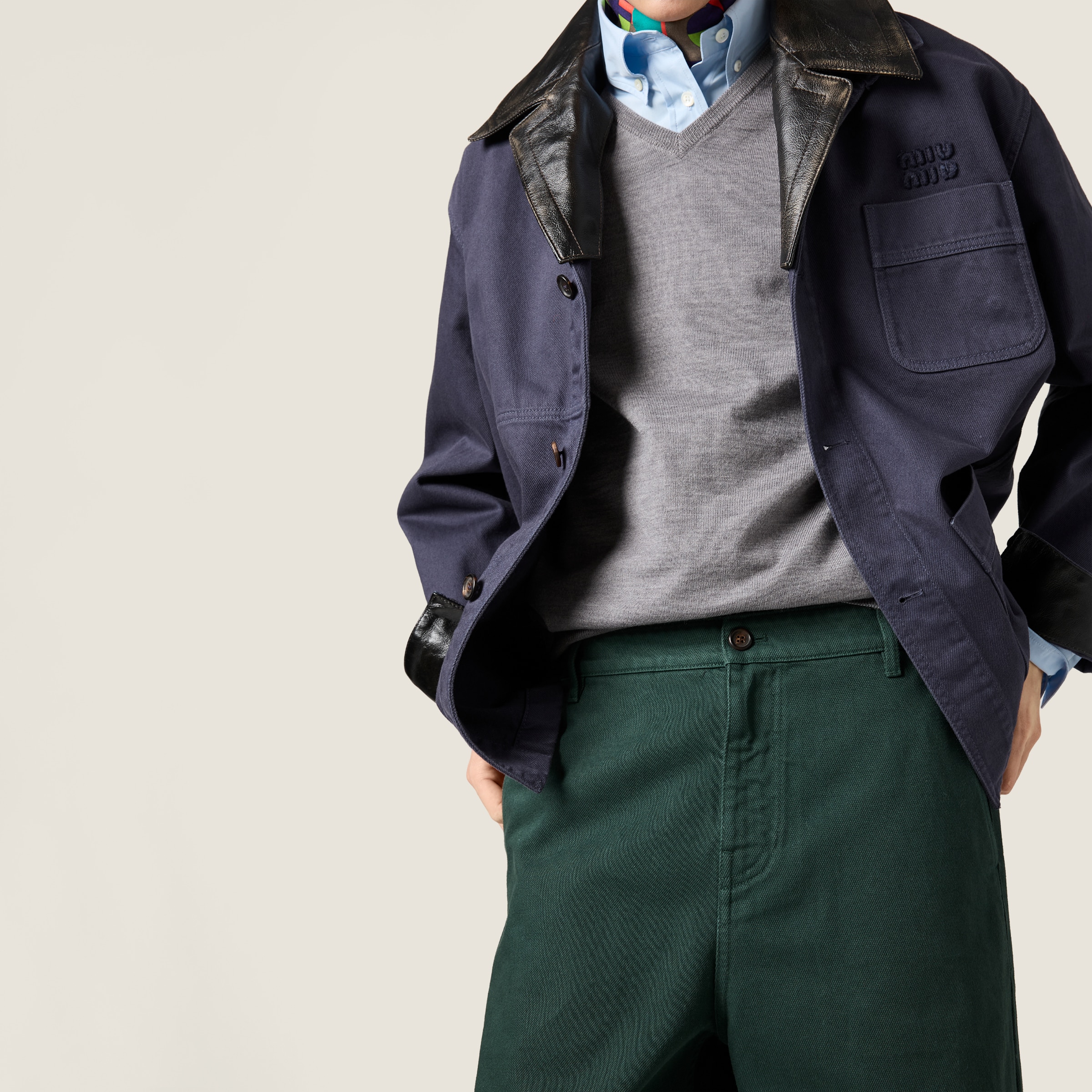 Single-breasted garment-dyed gabardine and leather jacket - thumbnail 6