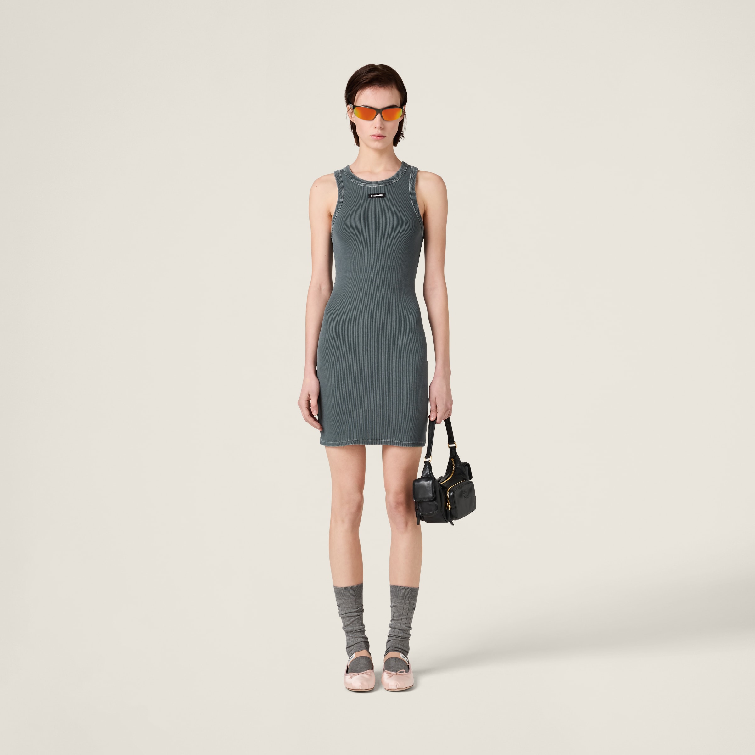 MIU MIU クルネック ノスリフ トレス MJA882SOOO15NM F0031 Grey Garment-dyed Ribbed Knit Jersey Mini-dress | Miu Miu