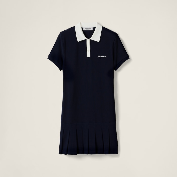 Navy Pleated Cotton Piqué Mini-dress | Miu Miu