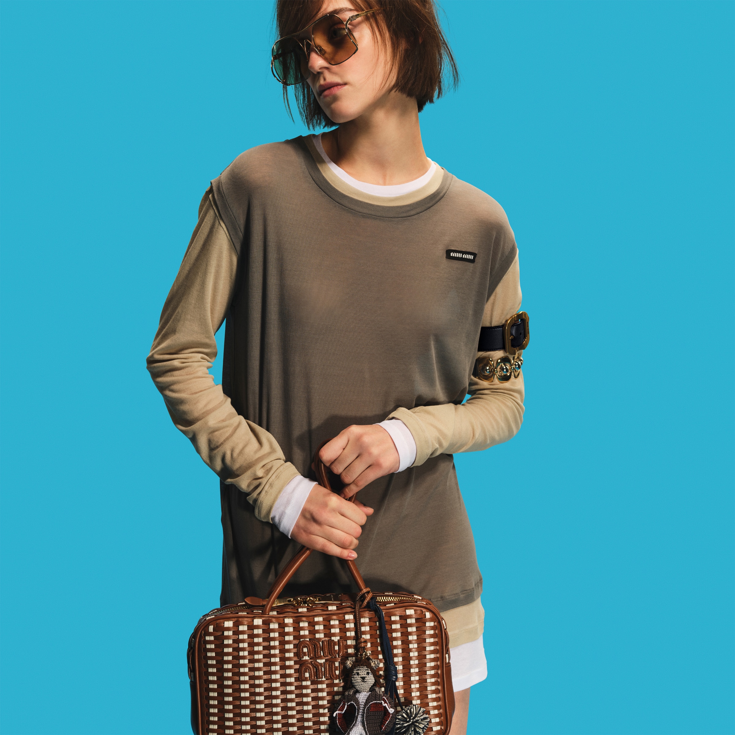 miu miu 日本 - Miu Miu | Tシャツ ジャージー リブ編み ホワイト/ライトブルー 新品未使用 GONNA リブ編みジャージスカート スカート