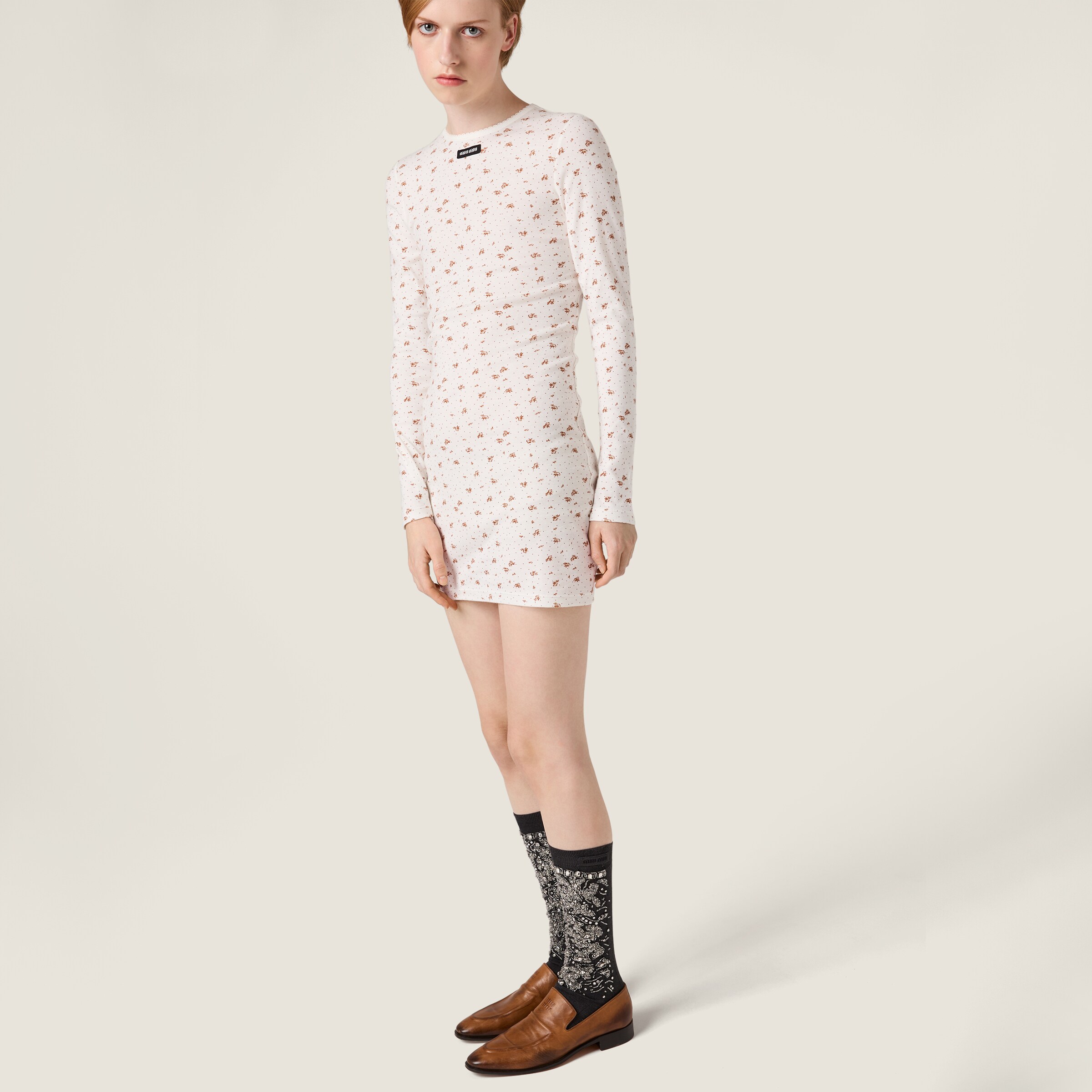 Miu Miu リブ編みジャージードレス ホワイト ホワイト リブ編み ジャージー ドレス | Miu Miu