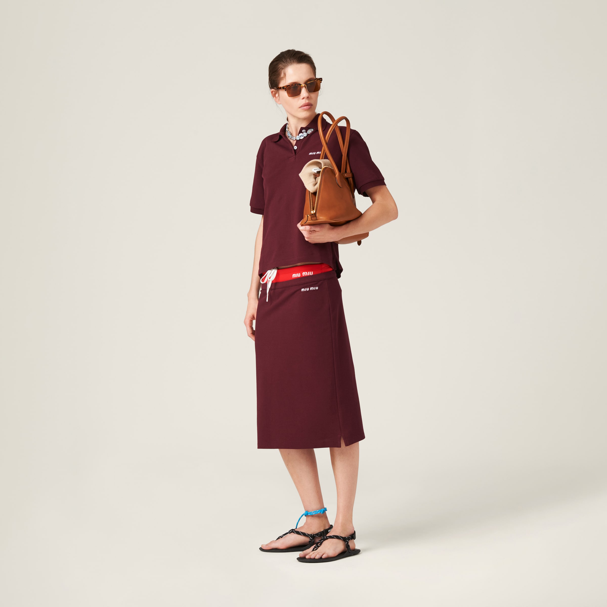 Miu Miu Cotton Piqué Skirt In Amaranth Red/maize Yellow