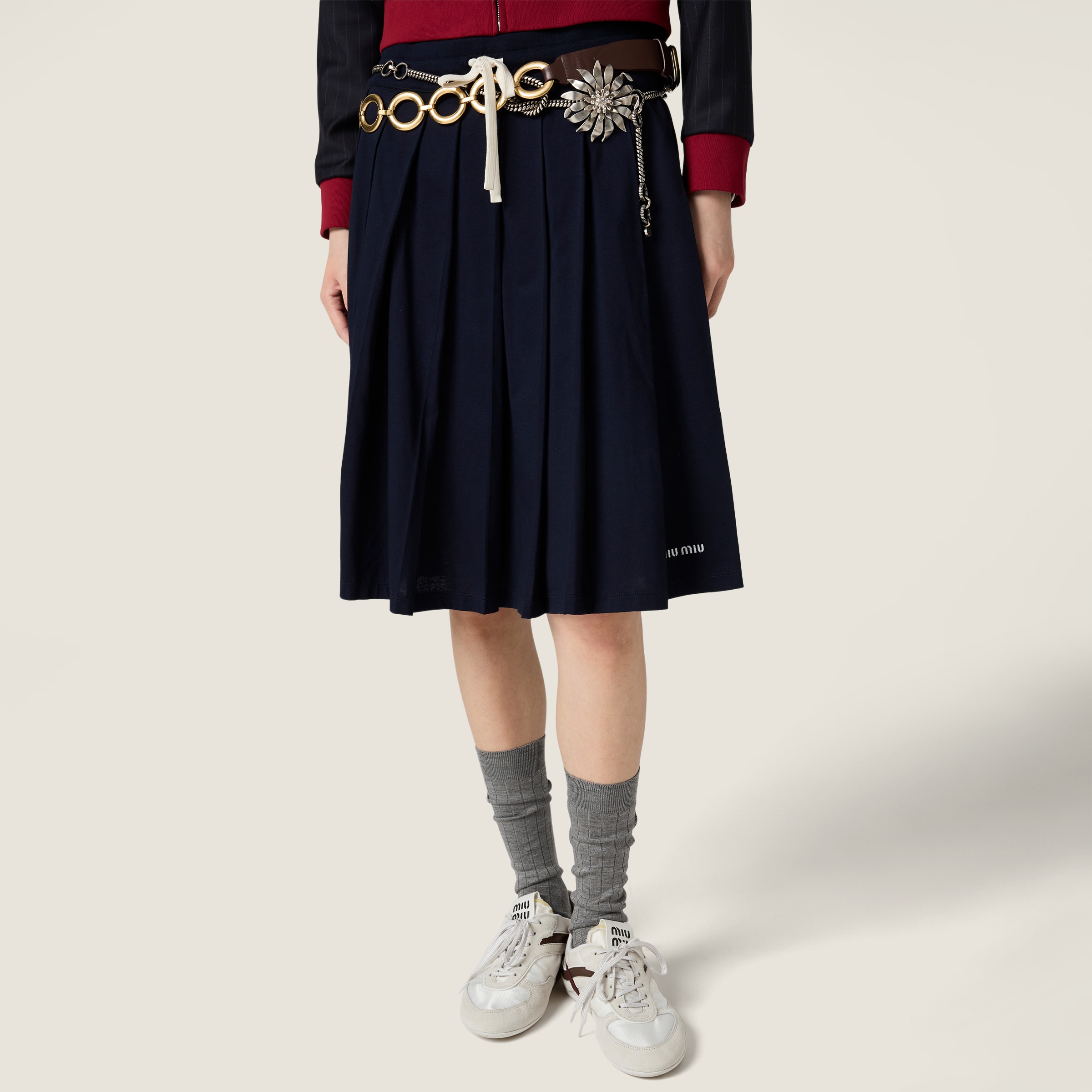 【MiuMiu】プリーツ ガーメントダイ コットンジャージースカート ネイビー プリーツ加工 ガーメントダイ ジャージー スカート