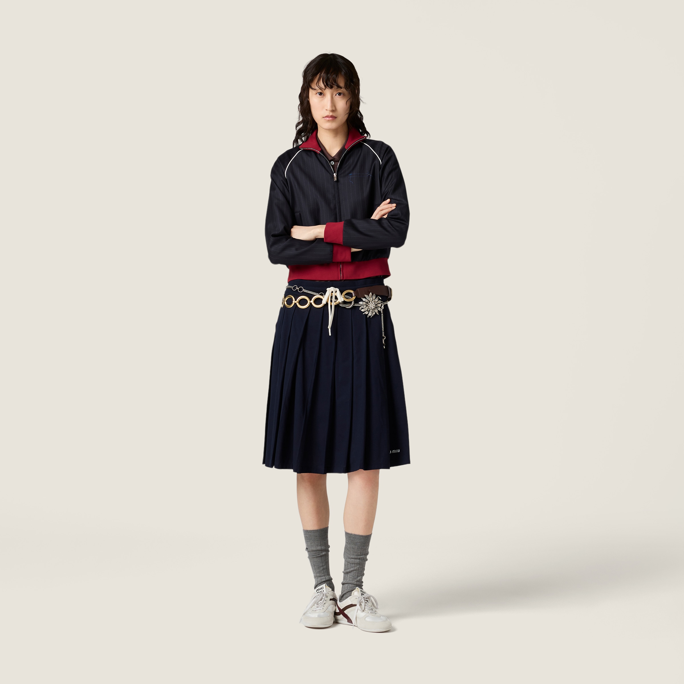 【MiuMiu】プリーツ ガーメントダイ コットンジャージースカート ネイビー プリーツ加工 ガーメントダイ ジャージー スカート