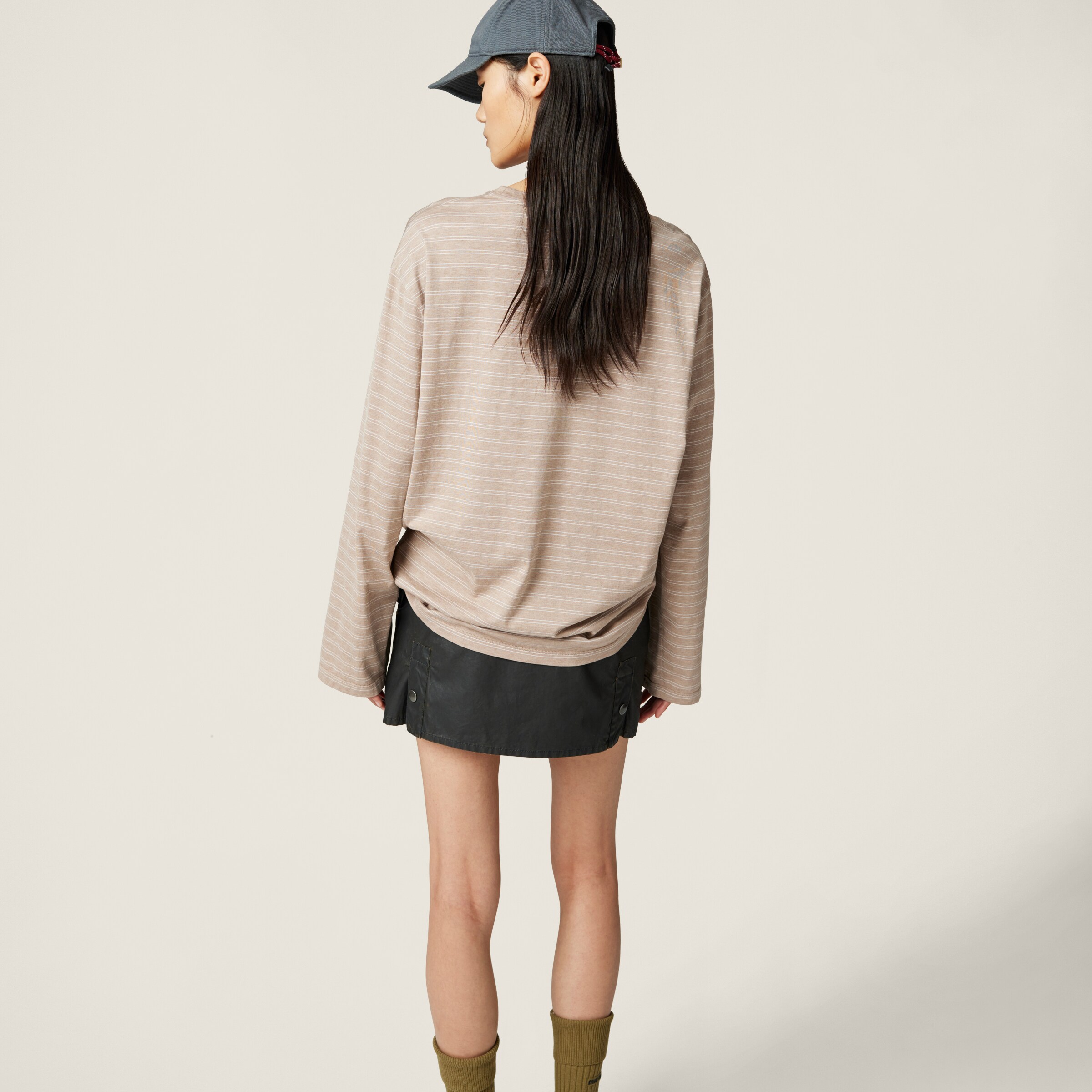 Miu Miu Long-sleeved Cotton Jersey T-shirt In Cameo Beige/white