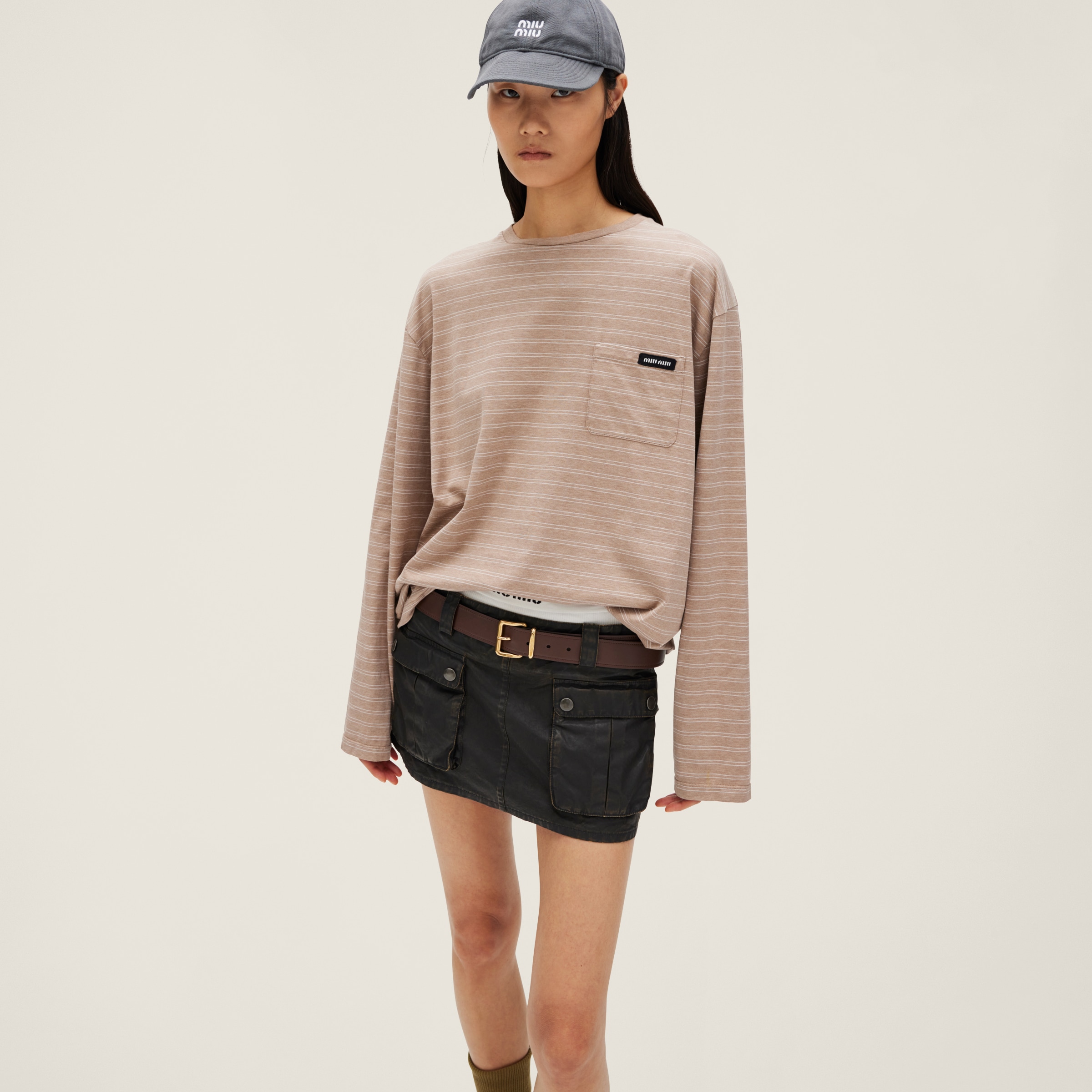 Miu Miu Long-sleeved Cotton Jersey T-shirt In Cameo Beige/white