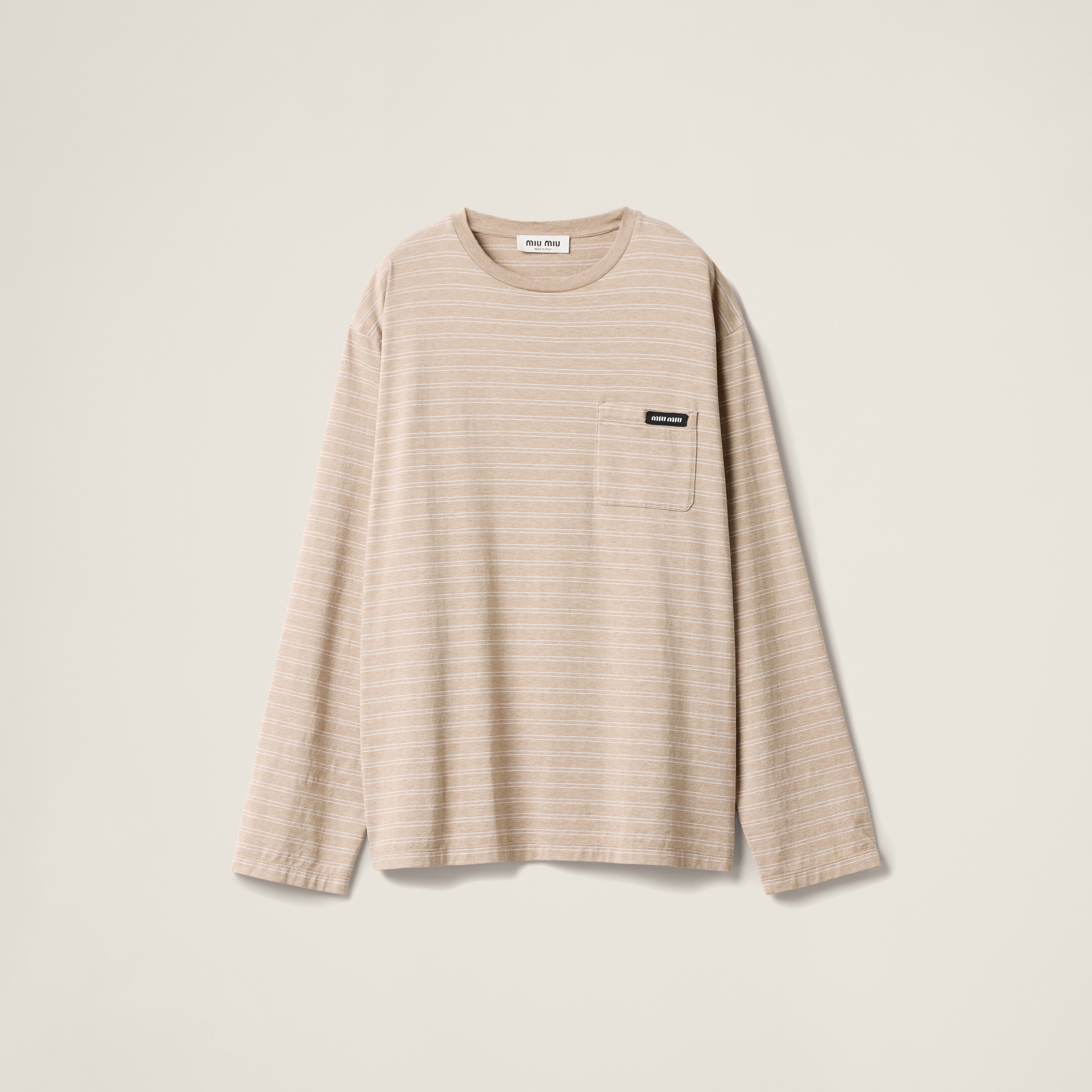 Miu Miu Long-sleeved Cotton Jersey T-shirt In Cameo Beige/white