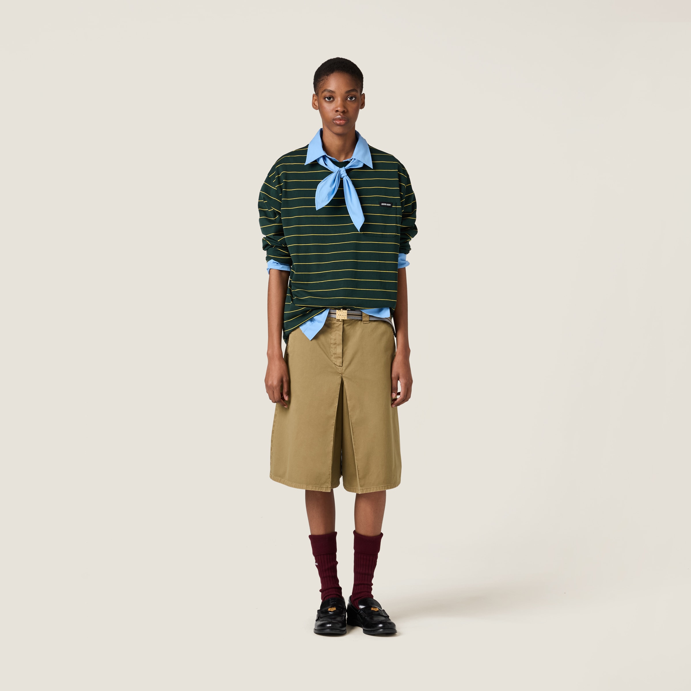 Miu Miu Long-sleeved Cotton Jersey T-shirt In Bottle Green/yellow