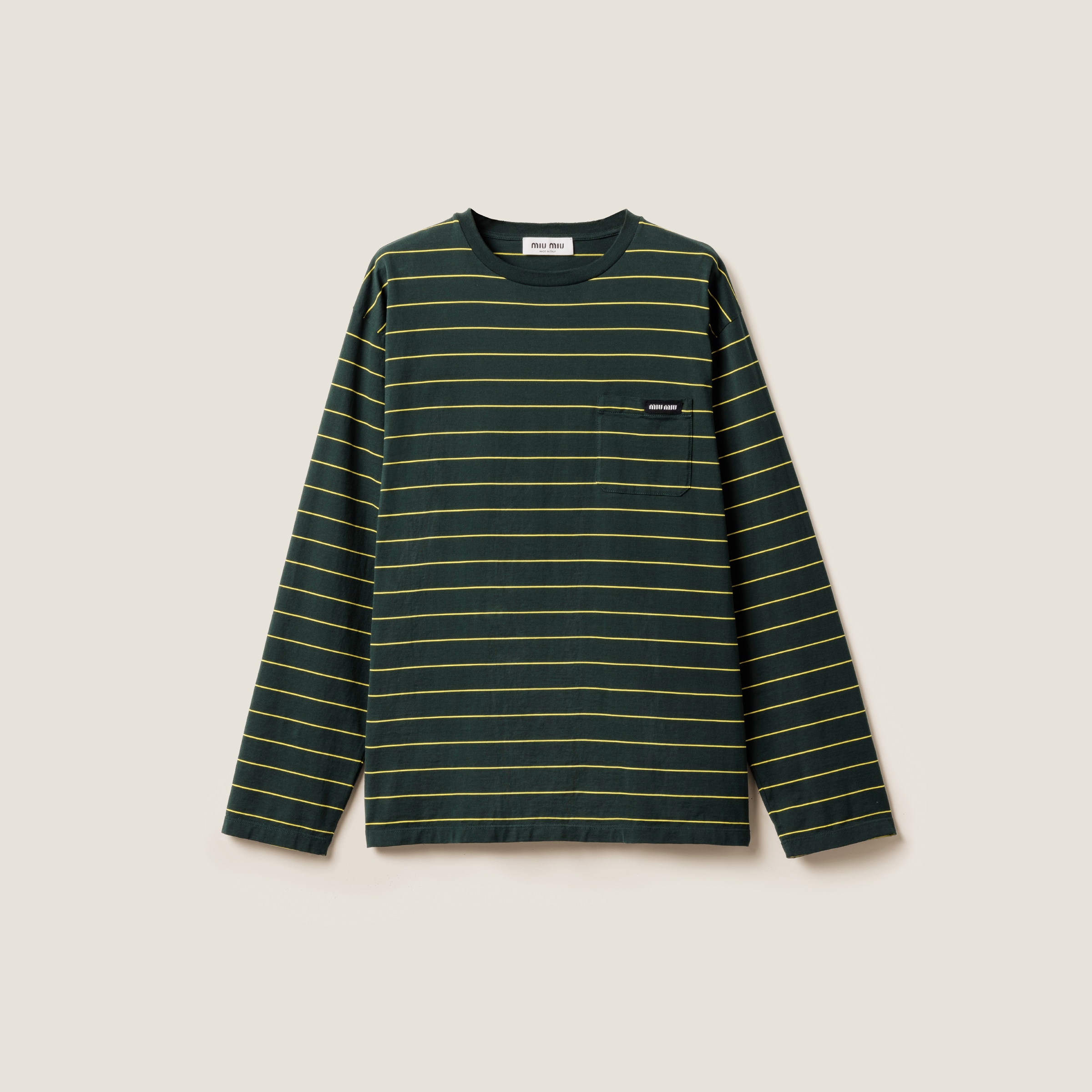 Miu Miu Long-sleeved Cotton Jersey T-shirt In Bottle Green/yellow