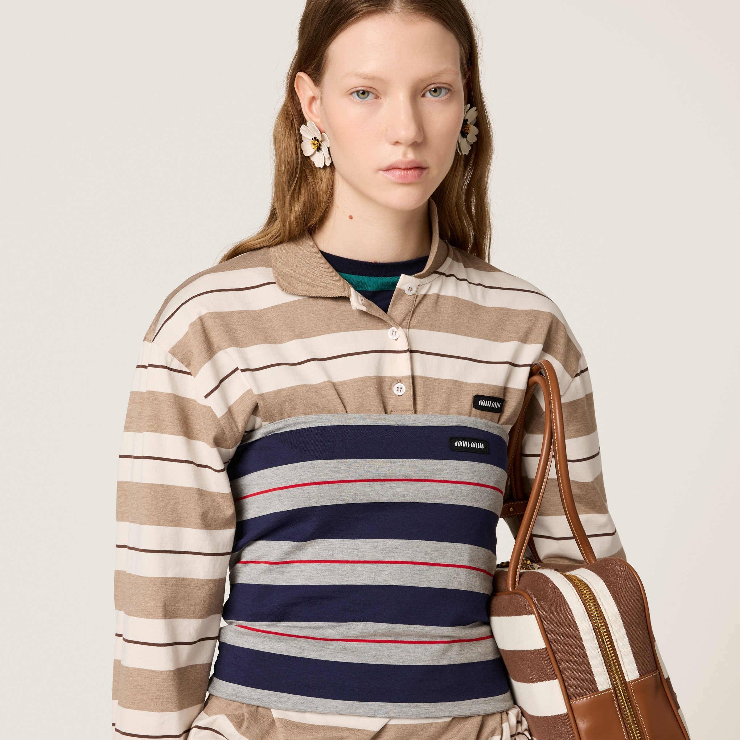 Miu Miu Logo Striped Cotton Jersey Polo Shirt In Multi