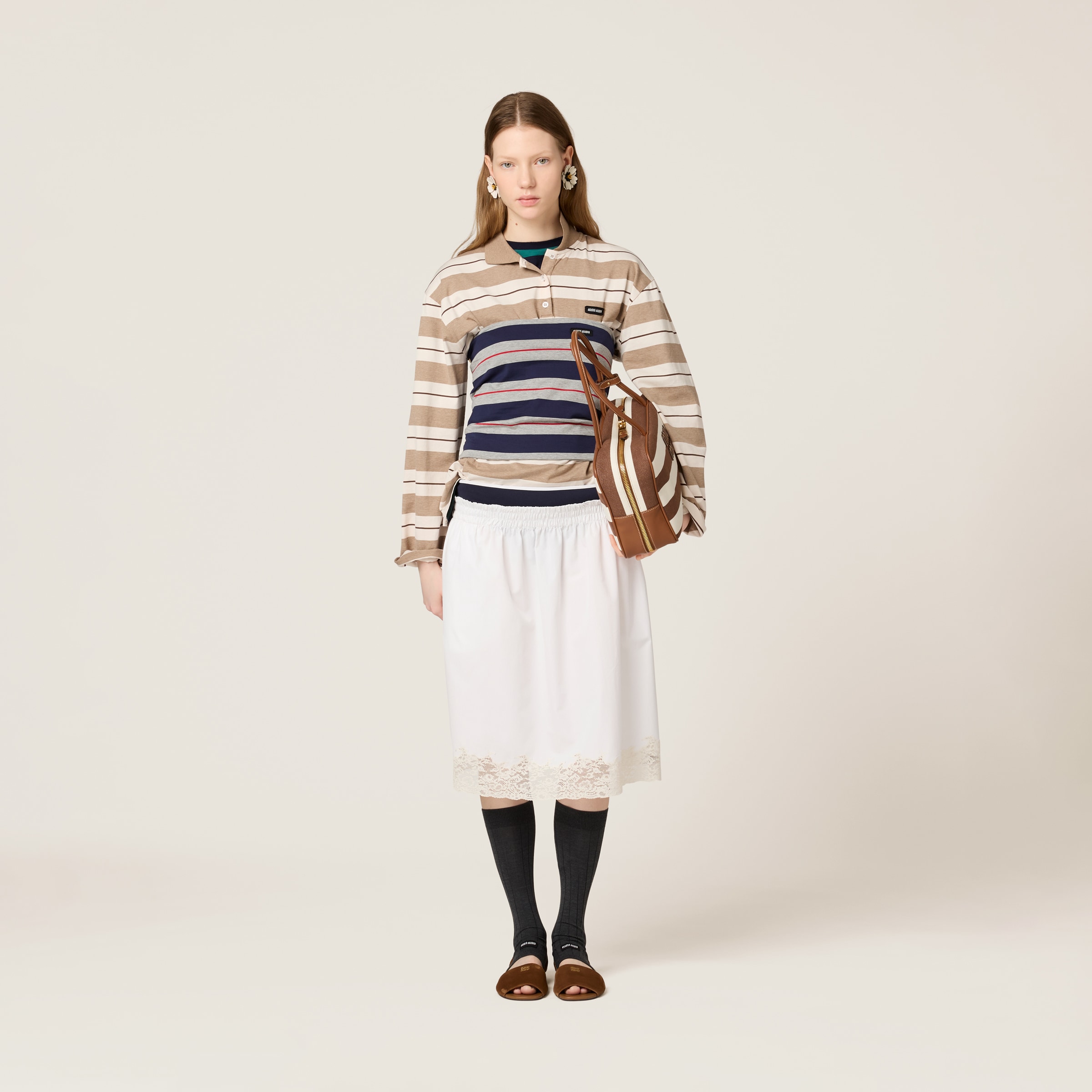 Miu Miu Logo Striped Cotton Jersey Polo Shirt In Multi