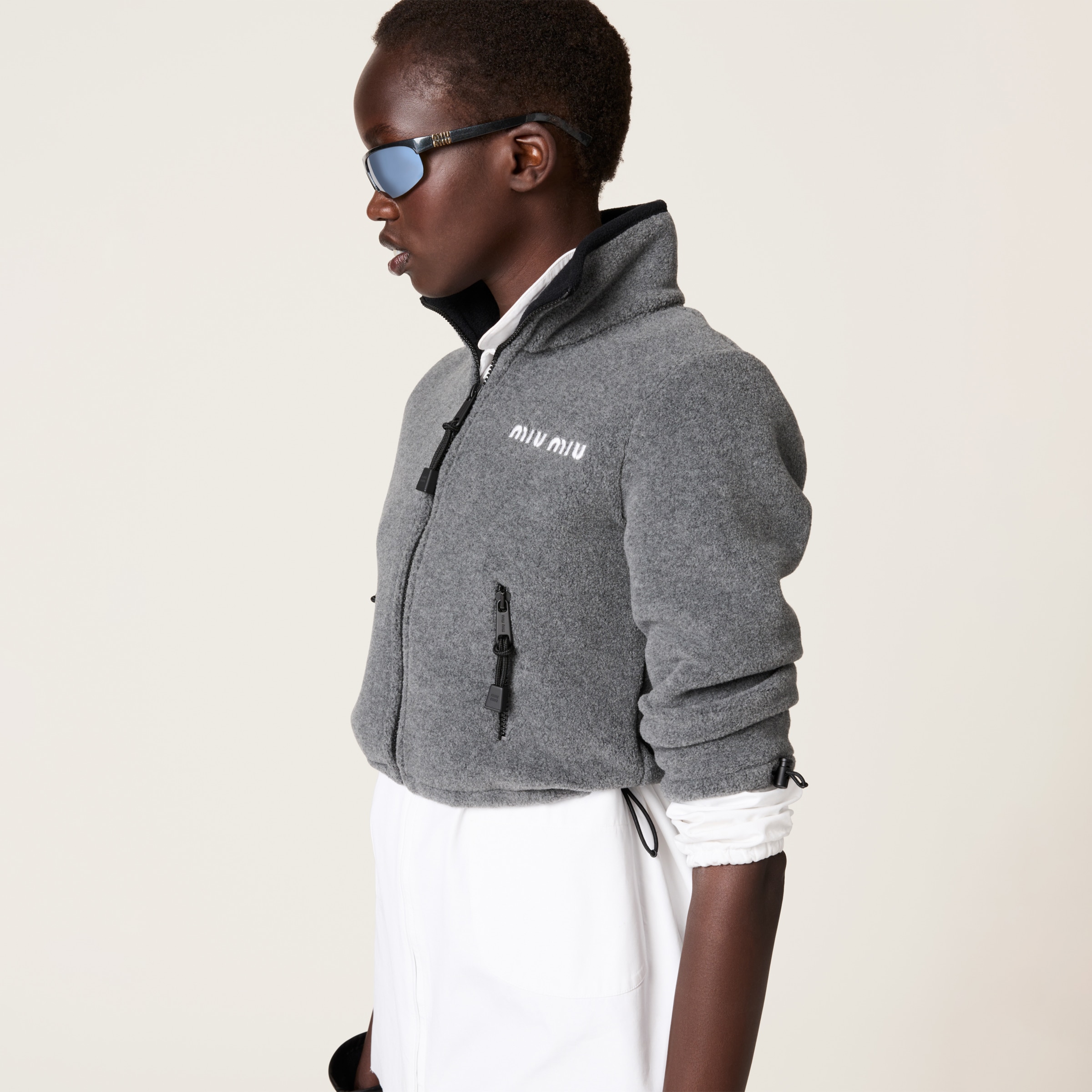 Grey Cotton Fleece Cropped Sweatshirt | Miu Miu