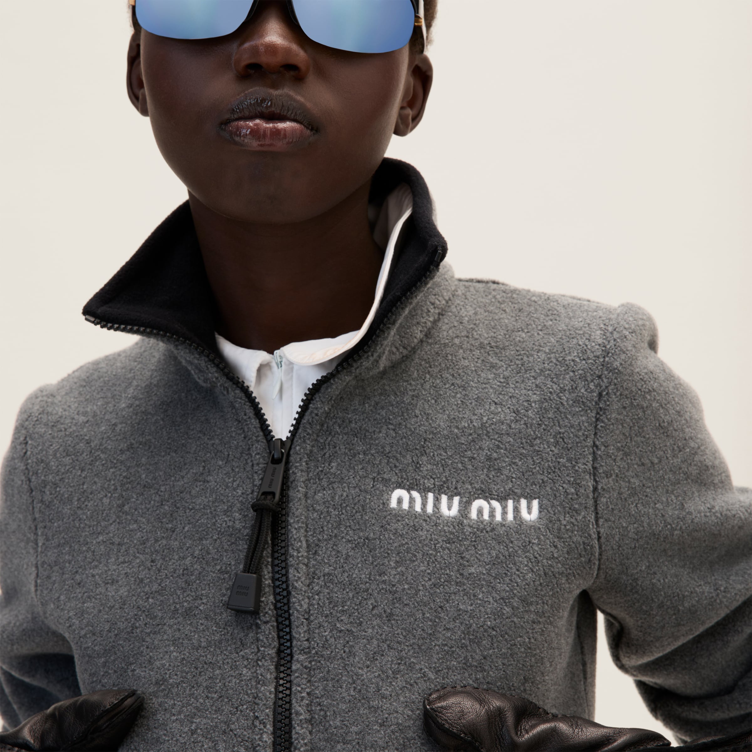 Grey Cotton Fleece Cropped Sweatshirt | Miu Miu