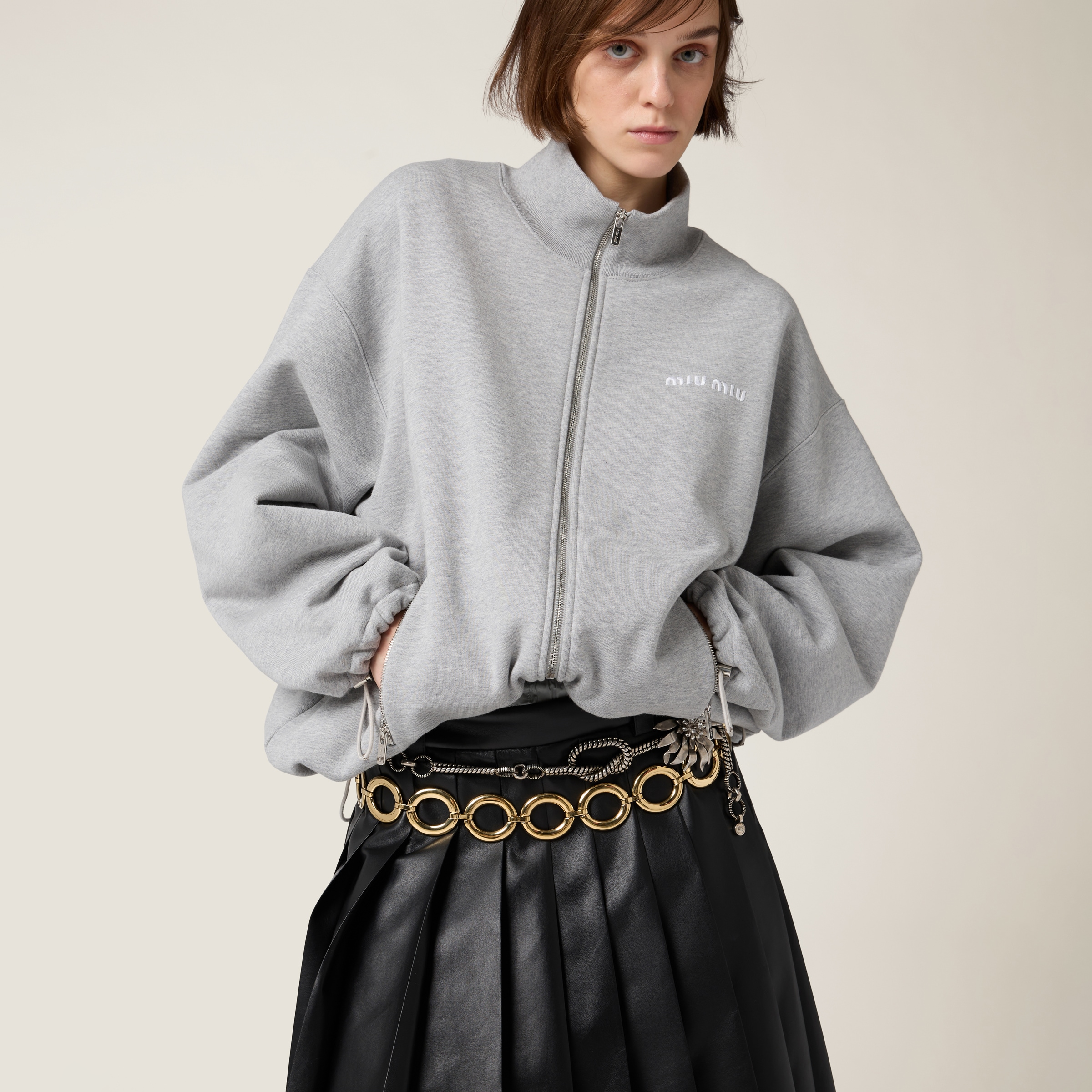 Grey Cotton Fleece Zipper Sweatshirt | Miu Miu