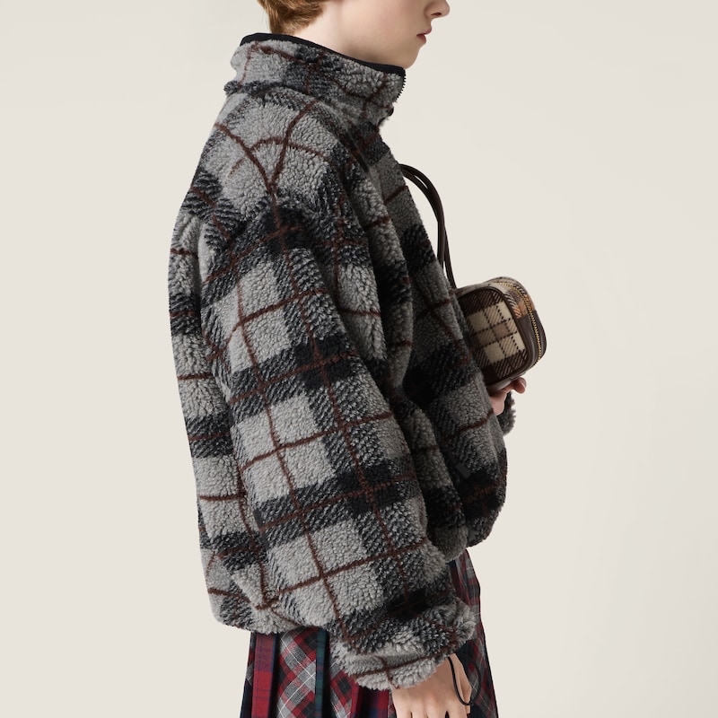 Checked teddy zipper jacket