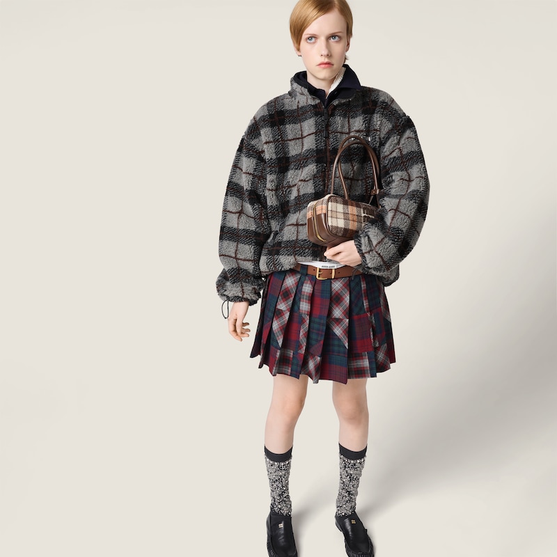 Checked teddy zipper jacket