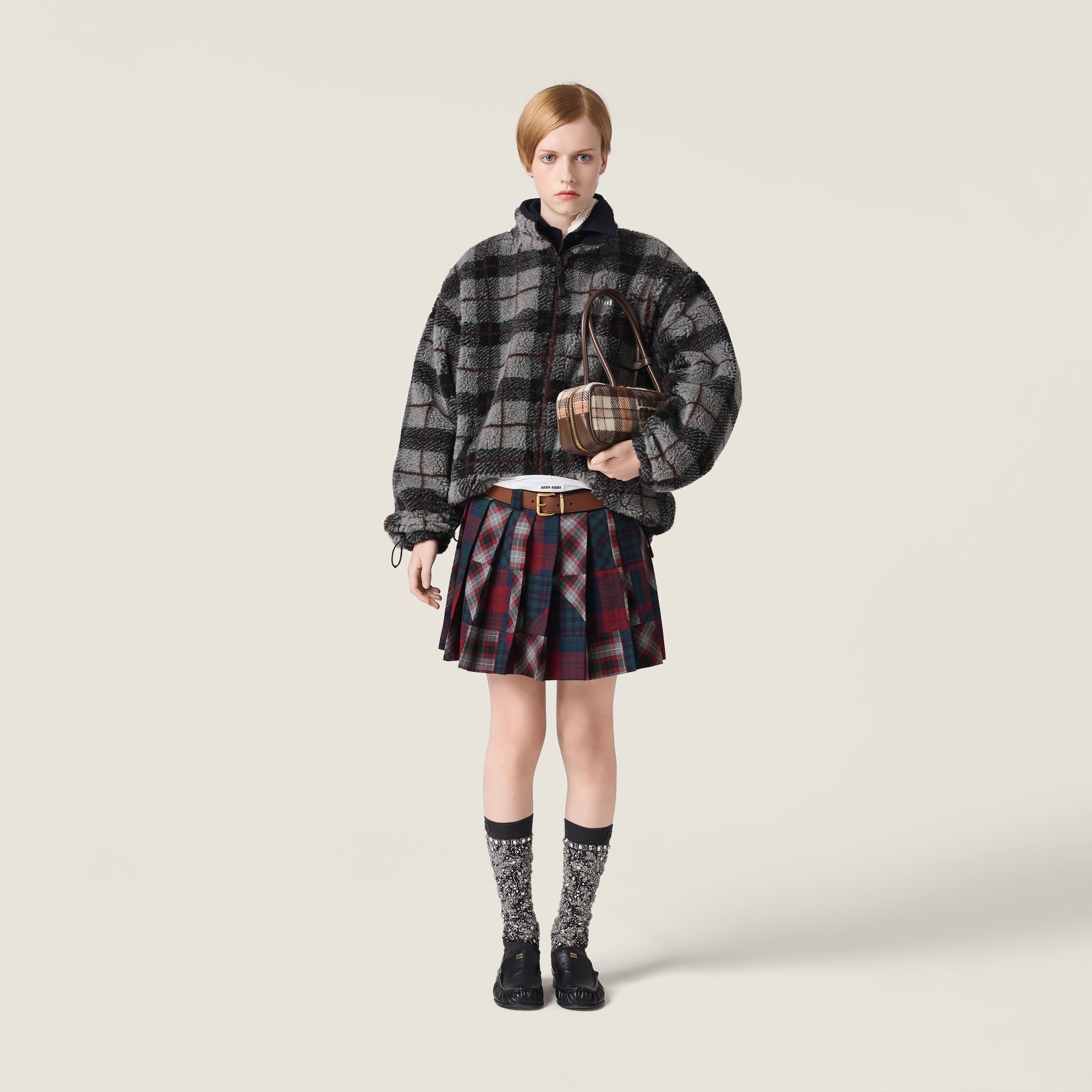 Gray/black Checked Teddy Zipper Jacket | Miu Miu