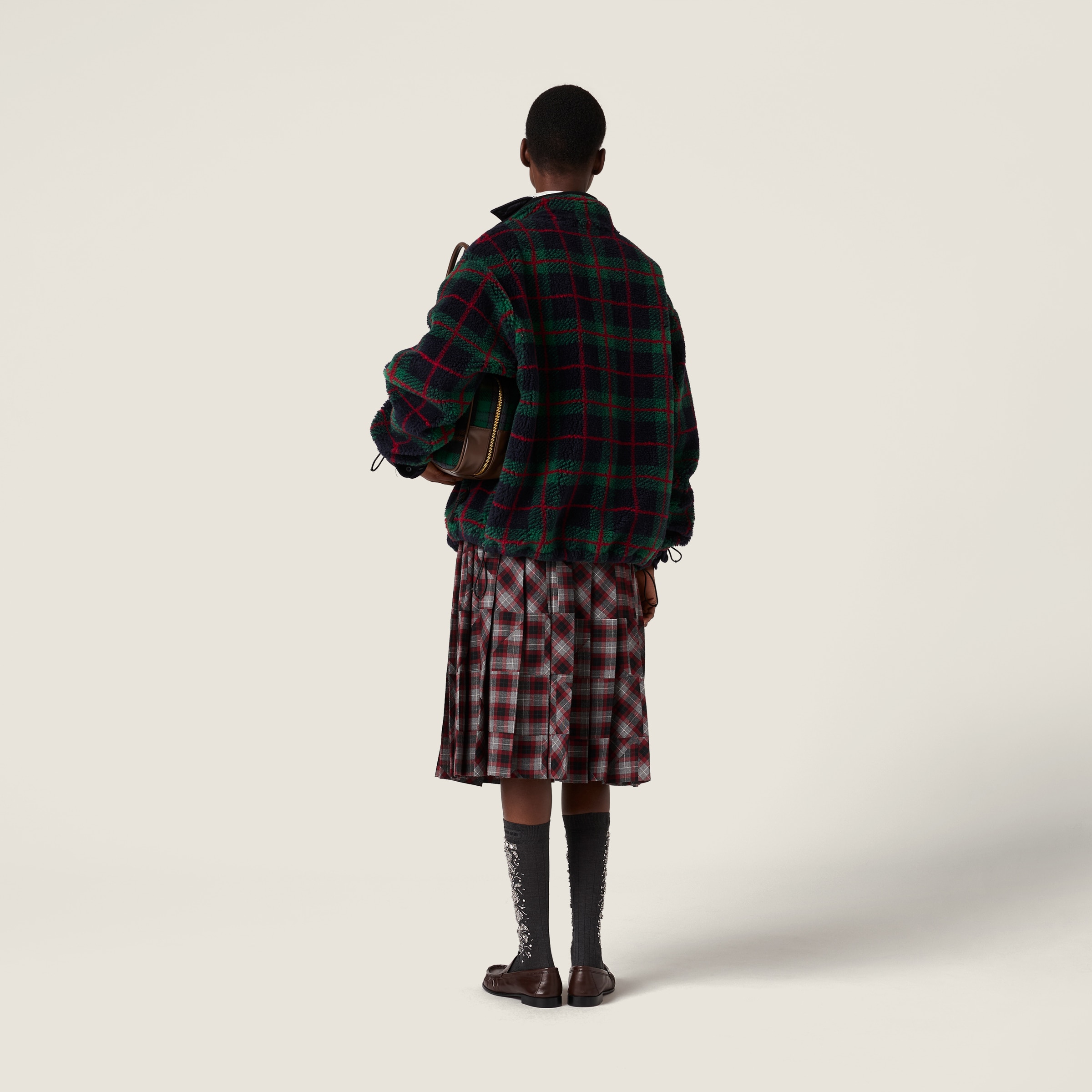 Miu Miu Checked Teddy Zipper Jacket In Multi