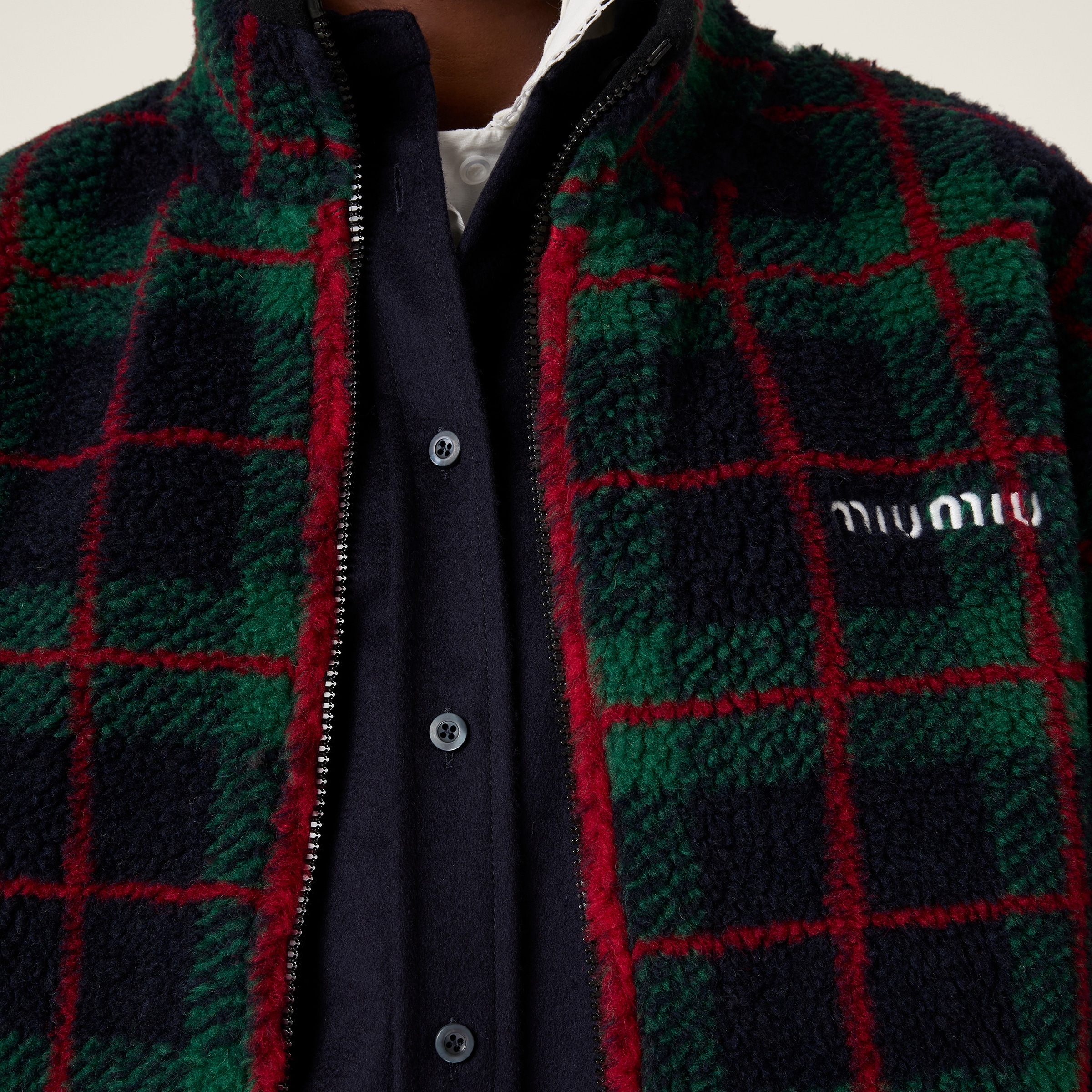 Miu Miu Checked Teddy Zipper Jacket In Multi