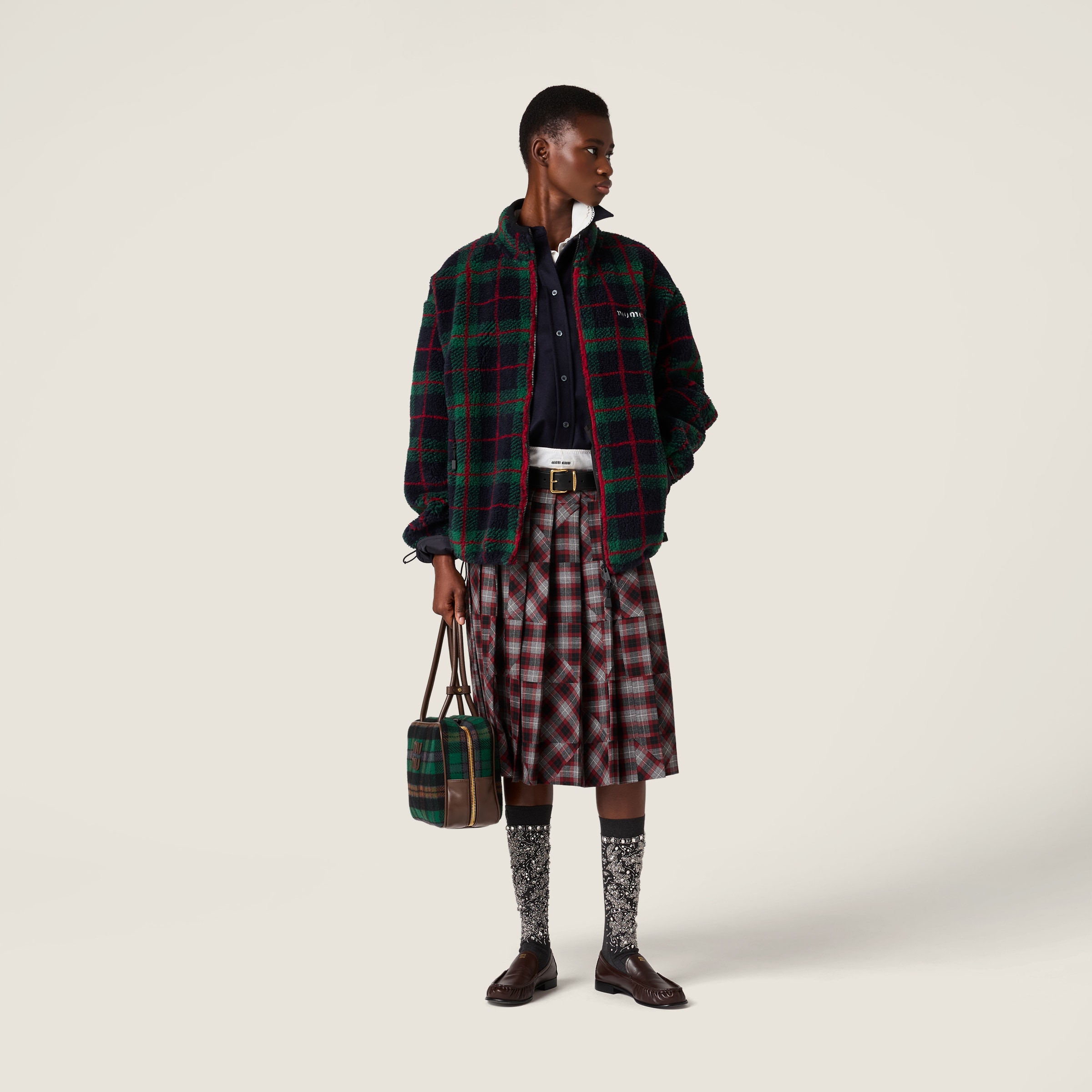 Miu Miu Checked Teddy Zipper Jacket In Multi