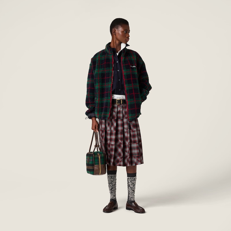 Checked teddy zipper jacket