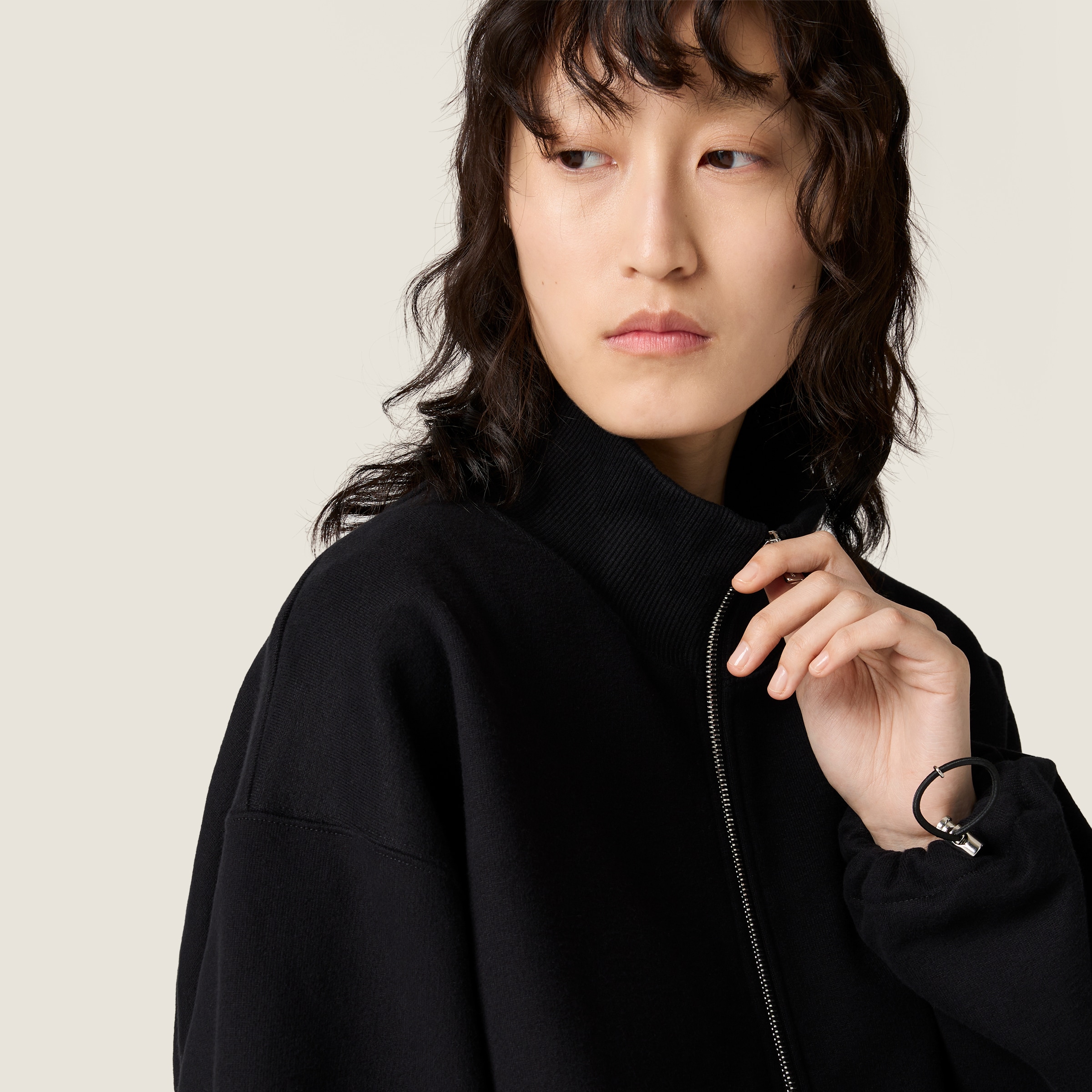 Black Cotton Fleece Zipper Sweatshirt | Miu Miu