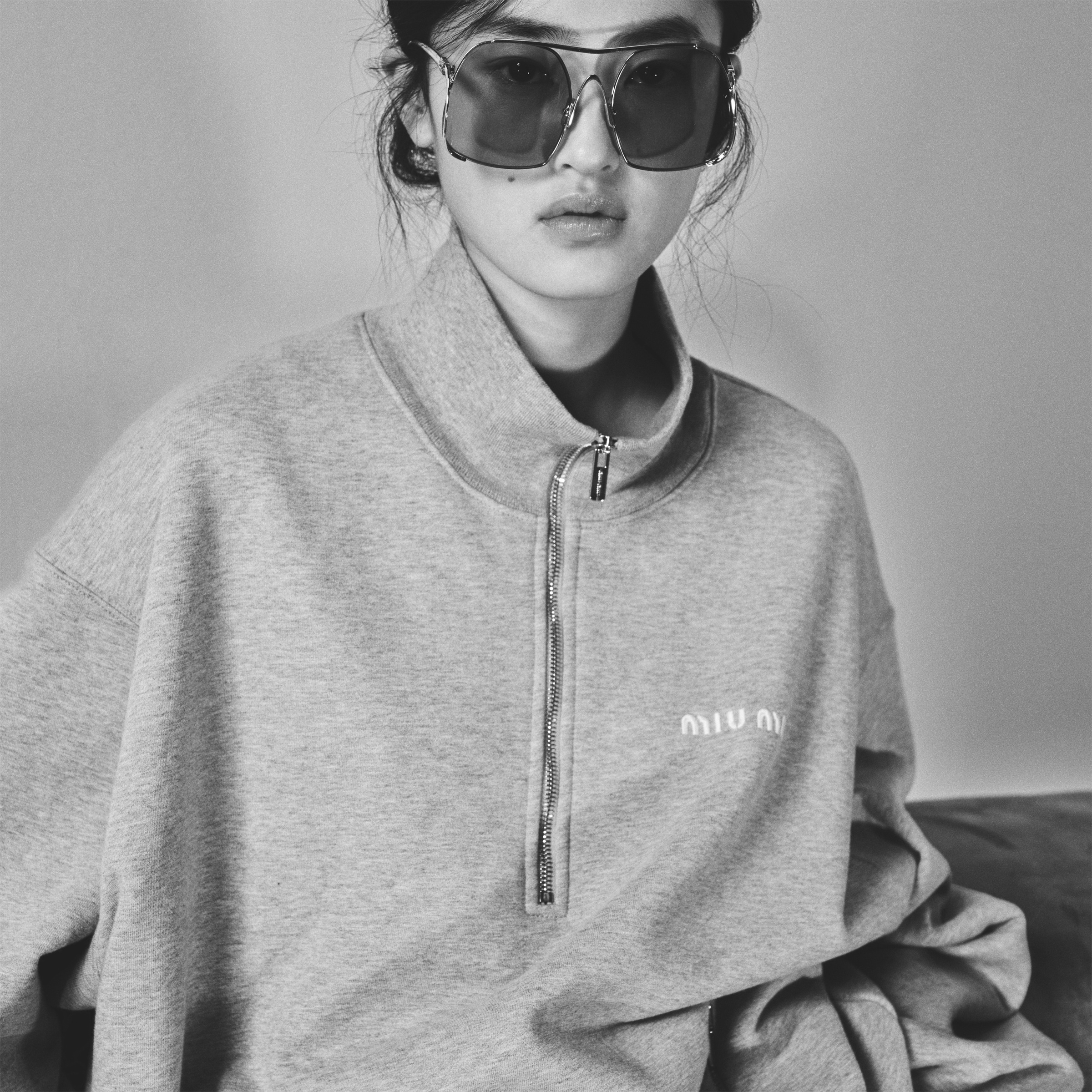 Grey Cotton Fleece Zipper Sweatshirt | Miu Miu
