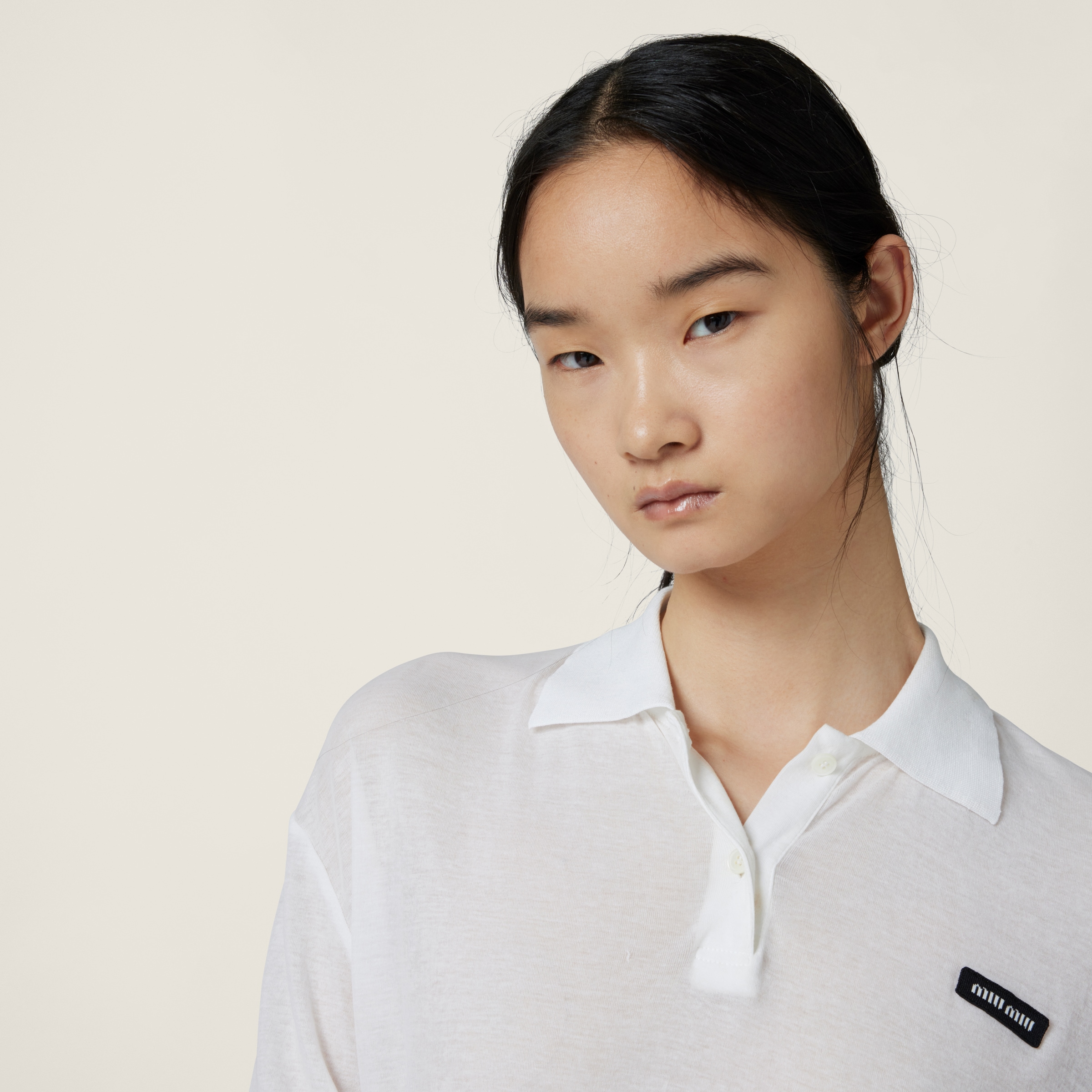 Miu Miu Ribbed Jersey Polo Shirt In White