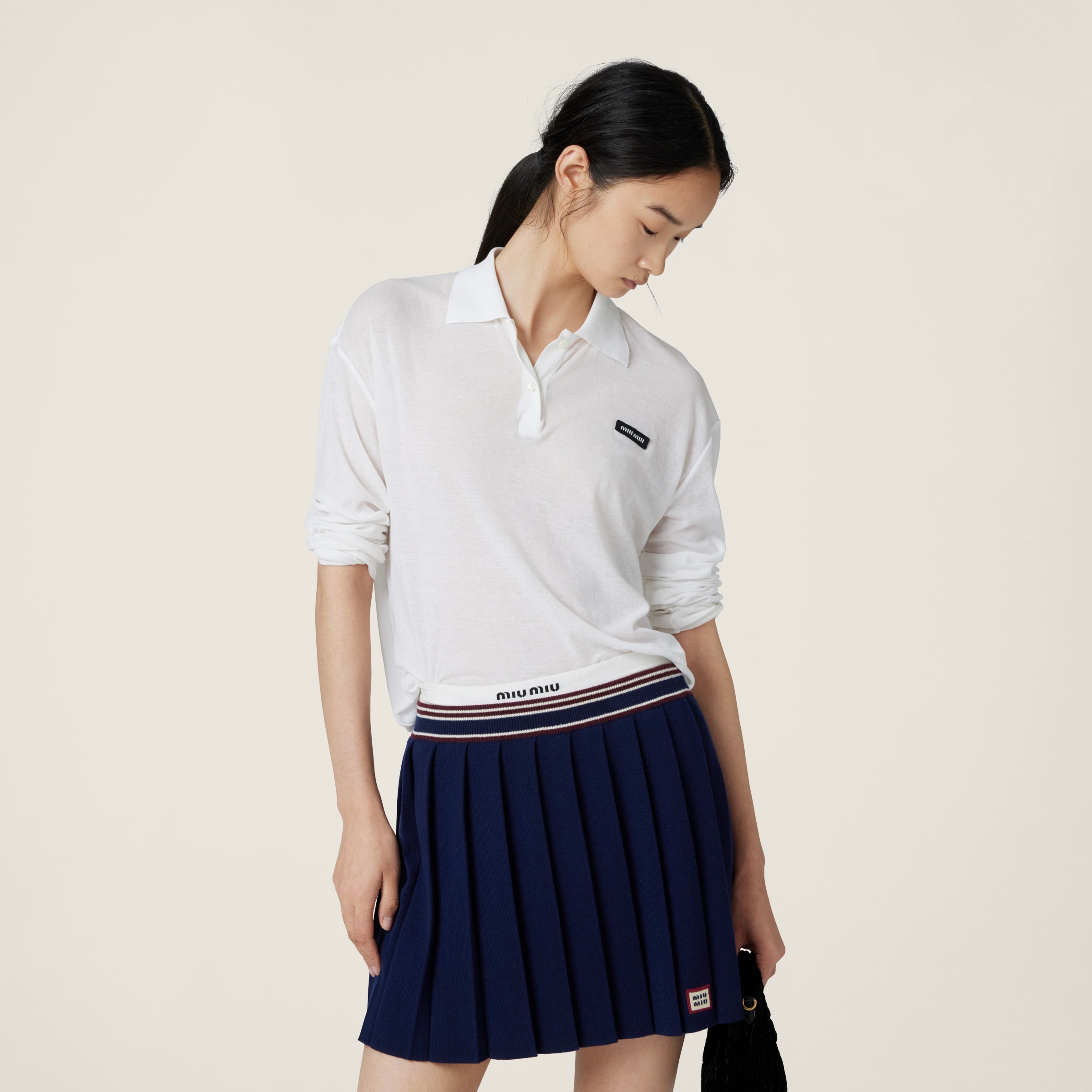 Miu Miu Ribbed Jersey Polo Shirt In White