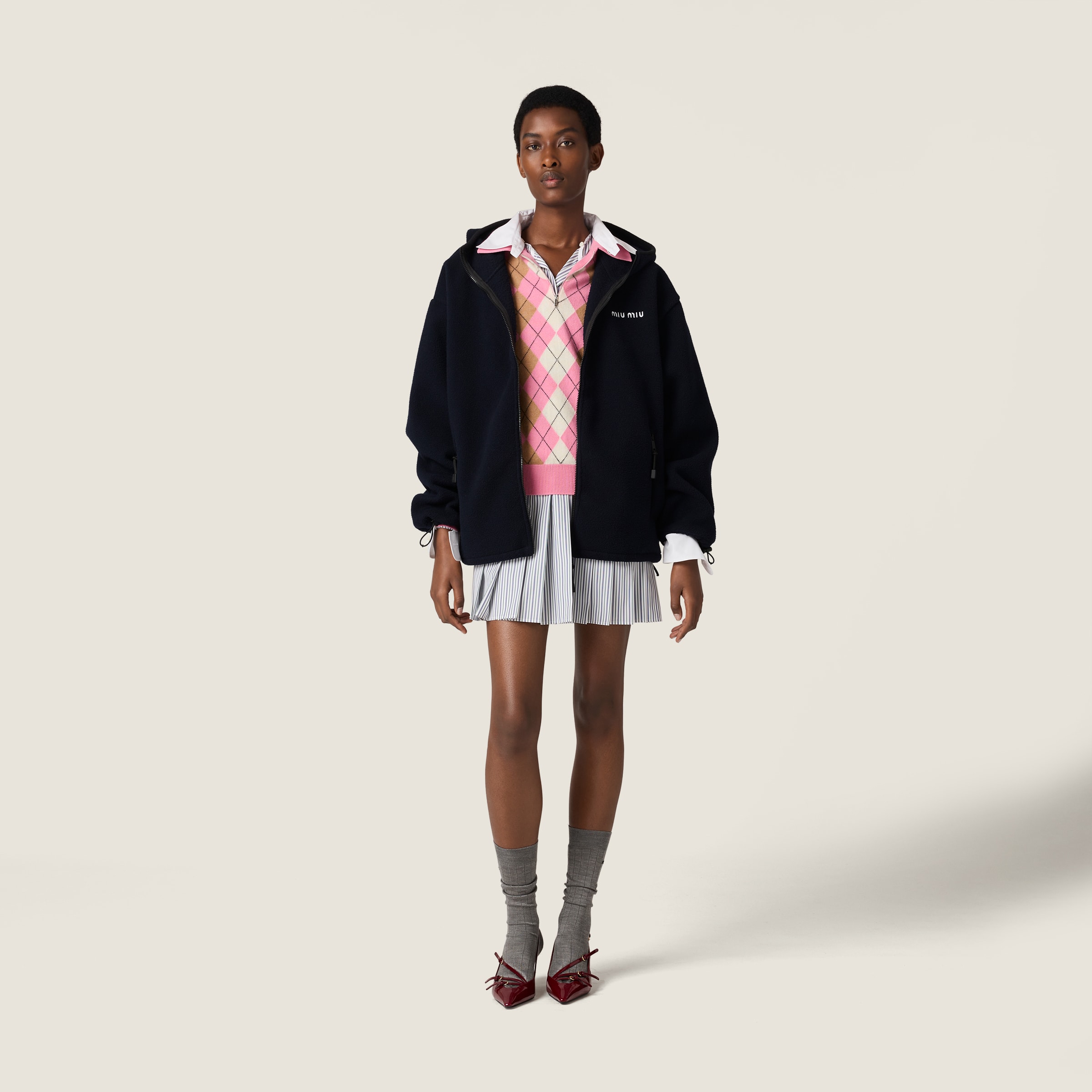 ネイビー コットンフリース ジッパーフーディー | Miu Miu