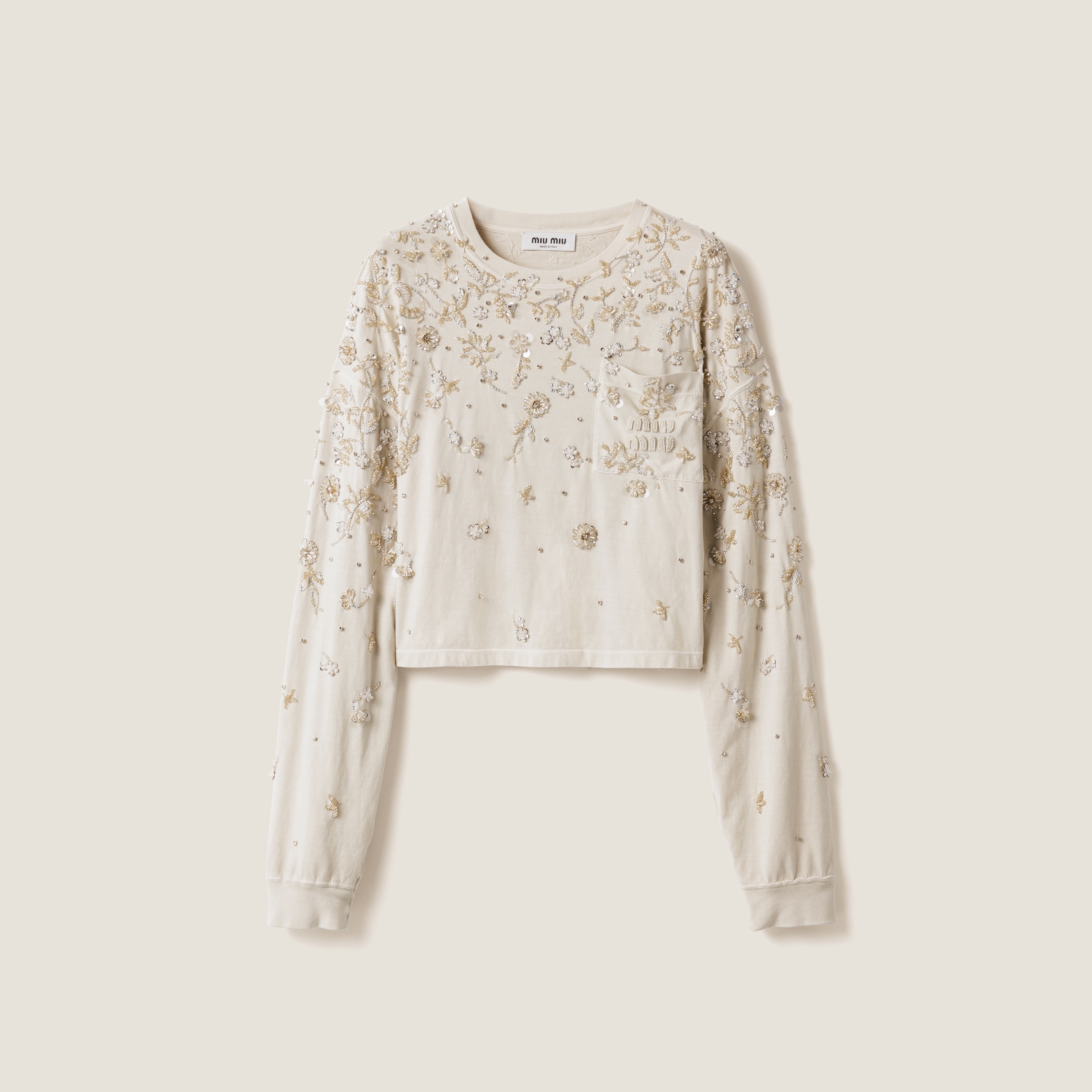 Miu Miu Embroidered Garment-dyed Jersey T-shirt In Chalk