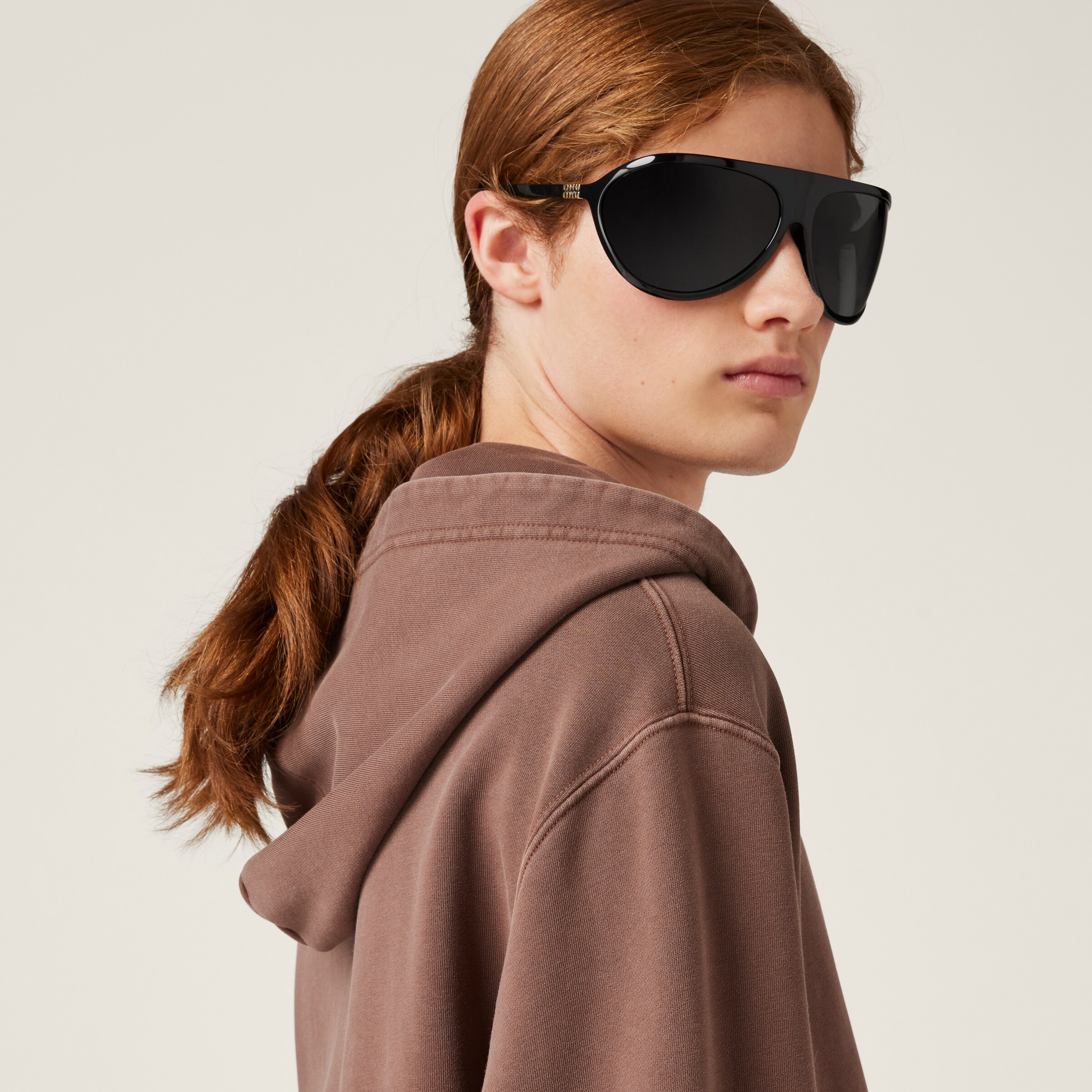 Cocoa Brown Garment-dyed Cotton Fleece Hoodie | Miu Miu
