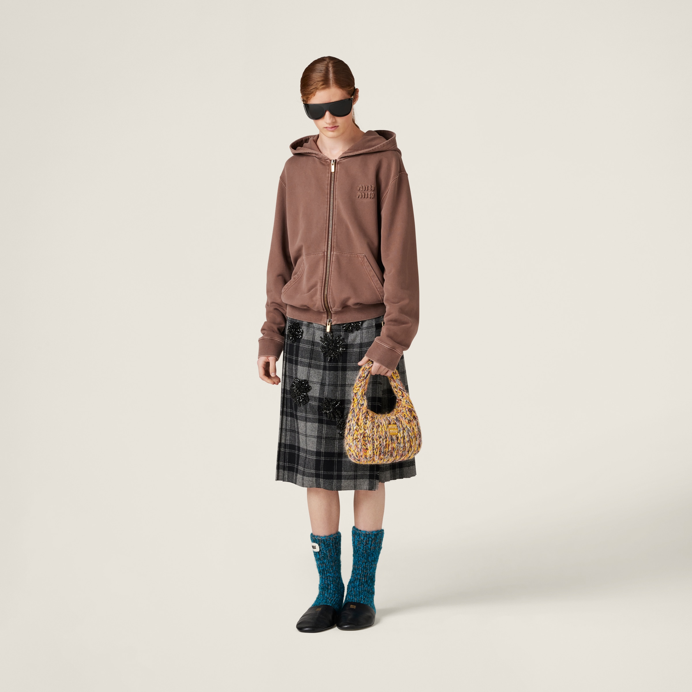 Cocoa Brown Garment-dyed Cotton Fleece Hoodie | Miu Miu