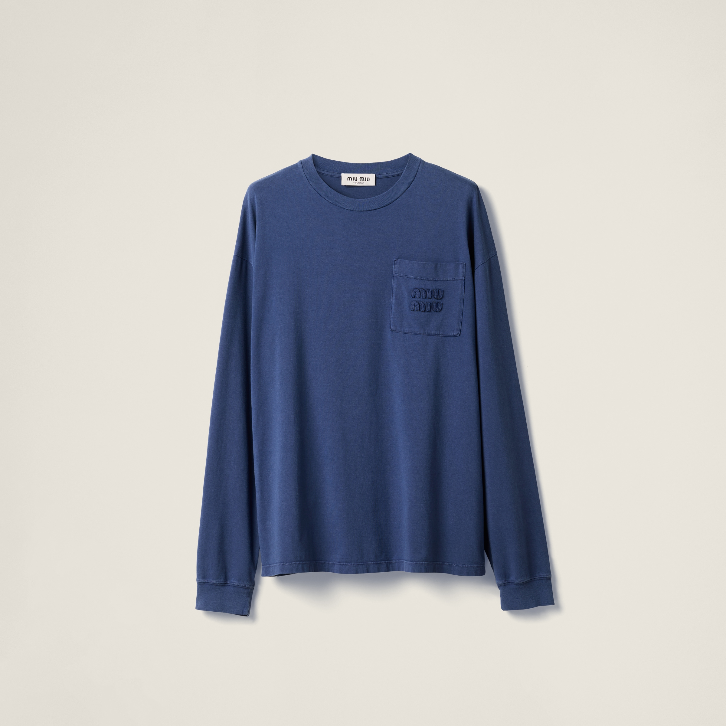 ミュウミュウ MIU MIU ガーメントダイ ジャージー 長袖TシャツMJL064_159E_F0589_S_OOO【インディゴブルー 】【送料無料】【正規品】 インディゴブルー ガーメントダイ ジャージー 長袖tシャツ | Miu Miu