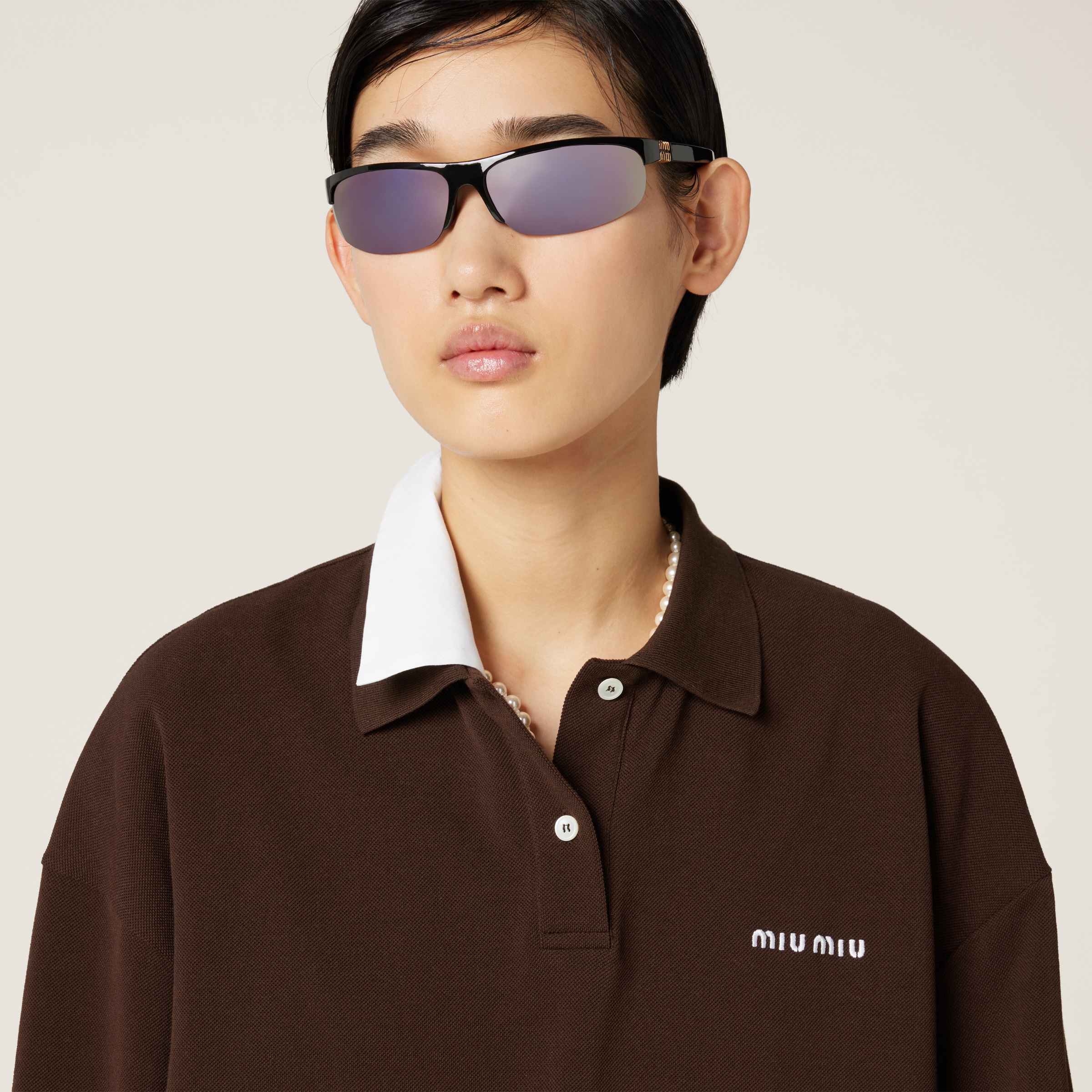 Cocoa Brown Piqué And Jersey Polo Shirt | Miu Miu Cocoa Brown Piqué And Jersey Polo Shirt | Miu Miu