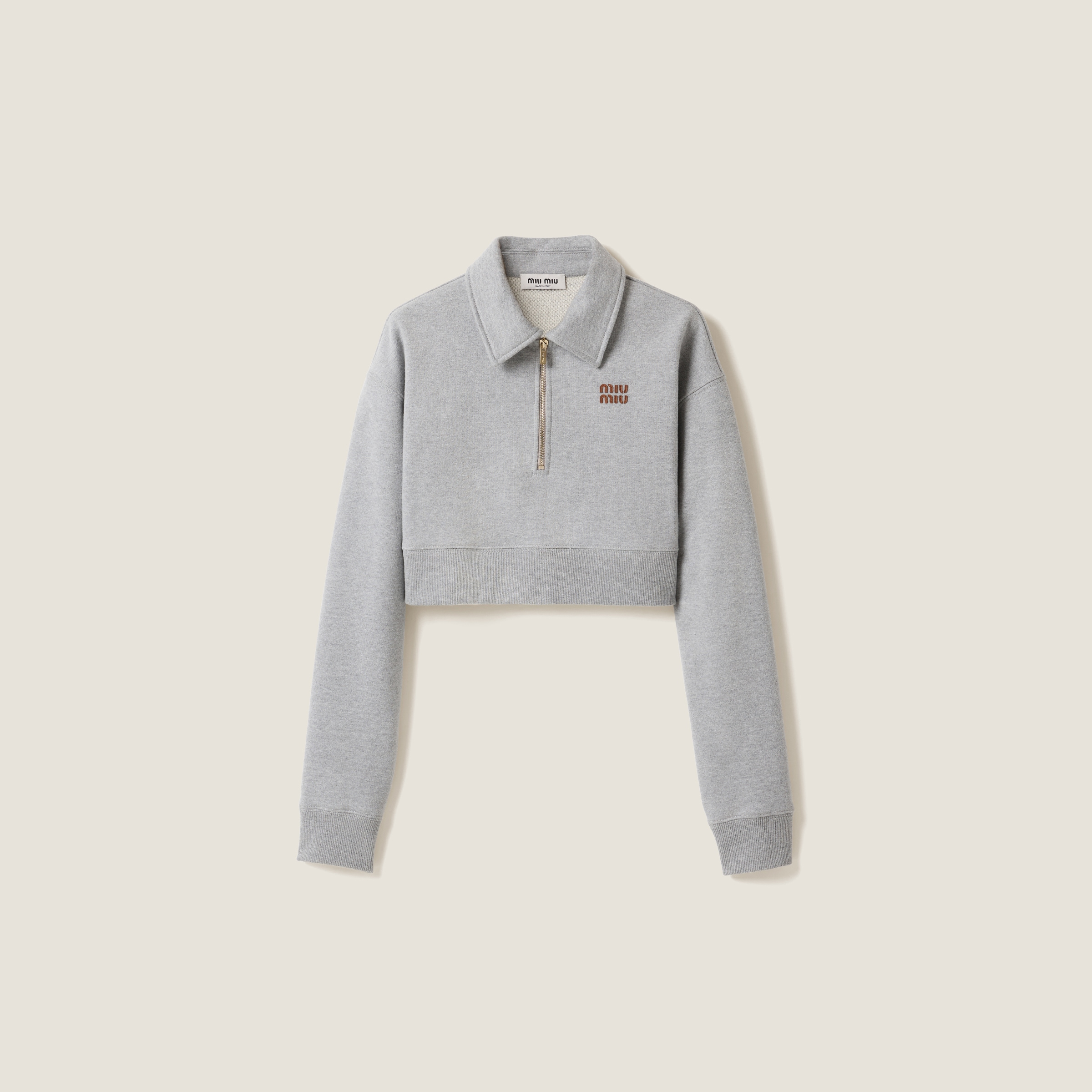 Miu Miu Boxy Cotton Fleece Sweatshirt With Half-zipper In Grey