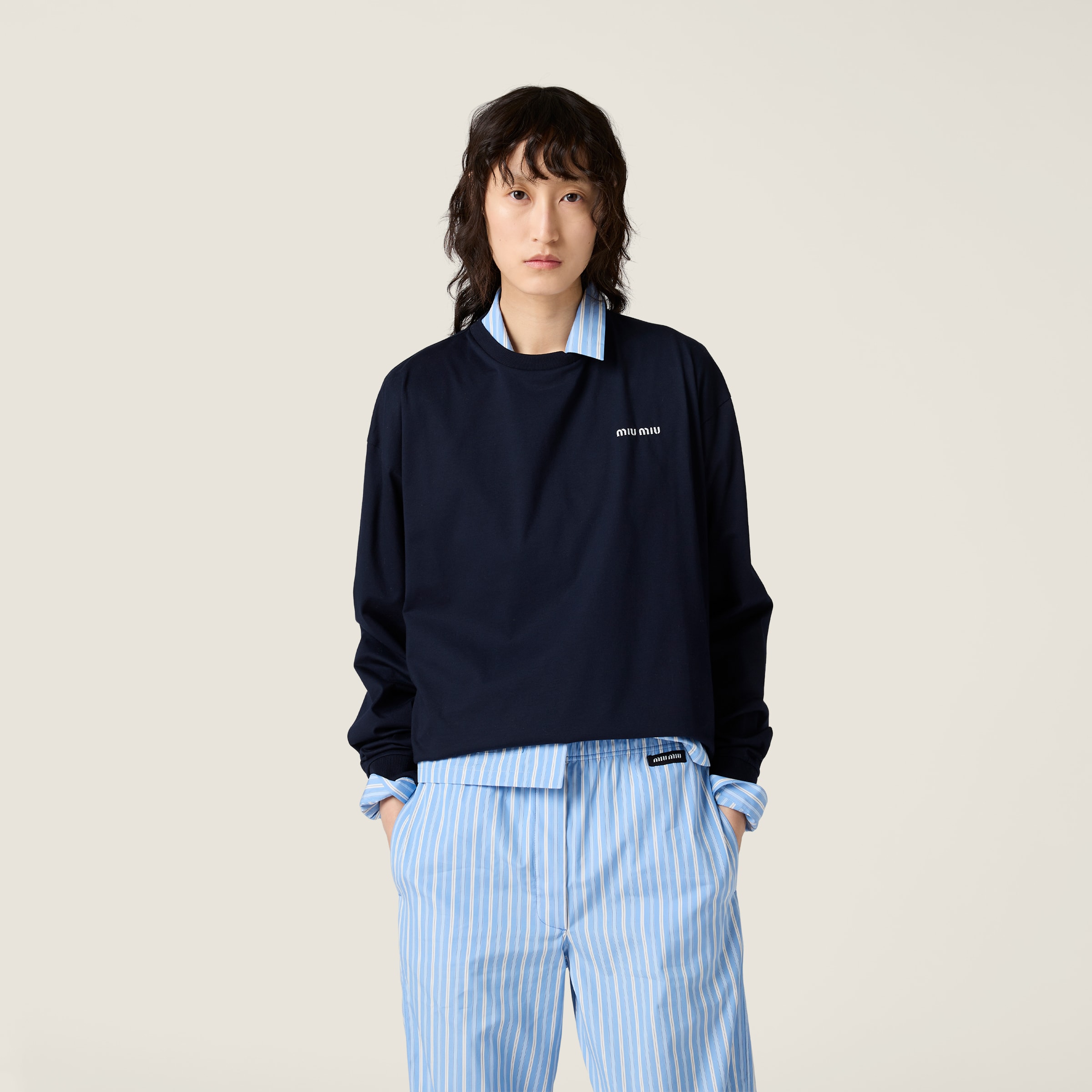 Navy Long-sleeved Jersey T-shirt | Miu Miu