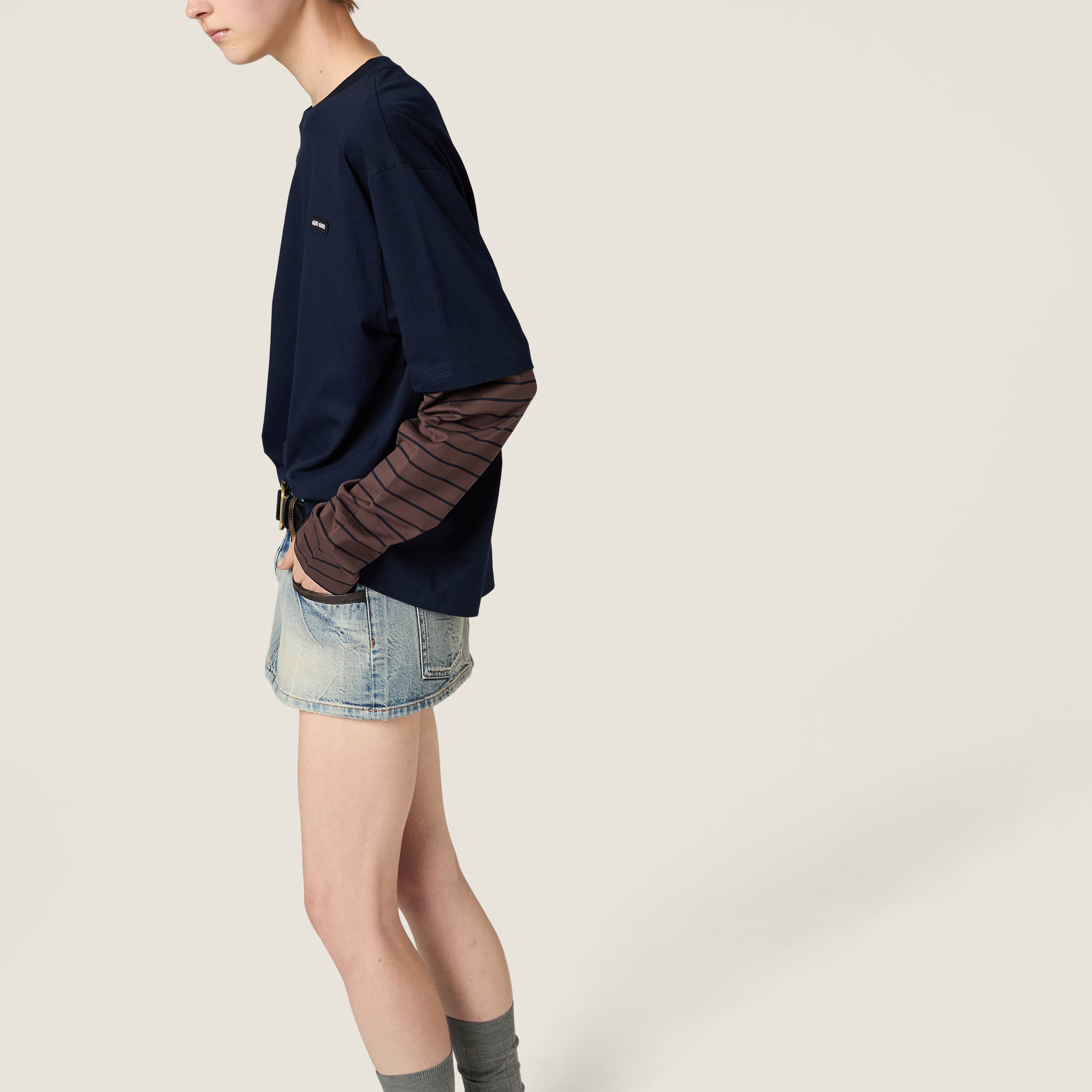 Blue/cocoa Brown Long-sleeved Jersey T-shirt | Miu Miu