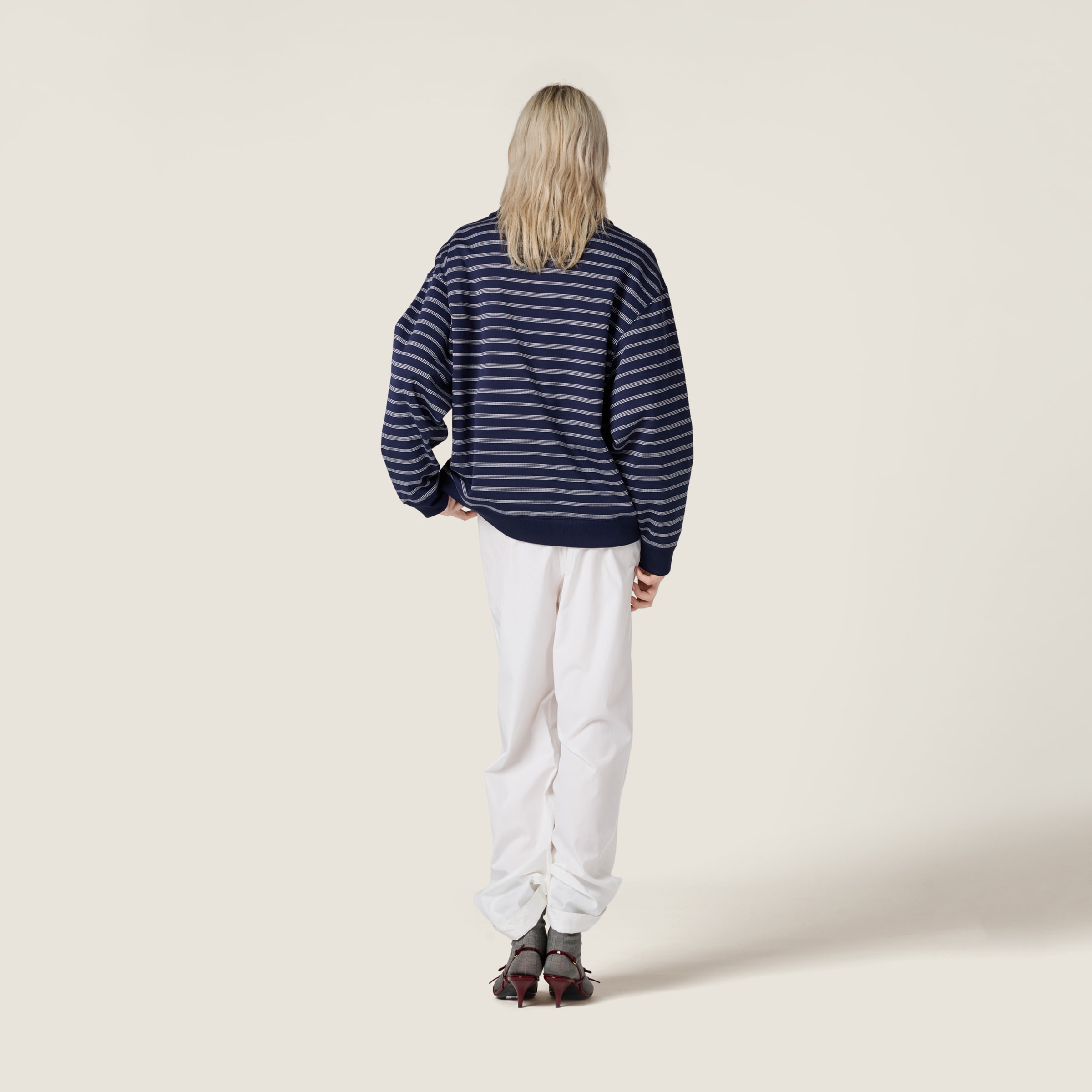 Miu Miu Striped Cotton Sweatshirt With Pointed Collar In Blue