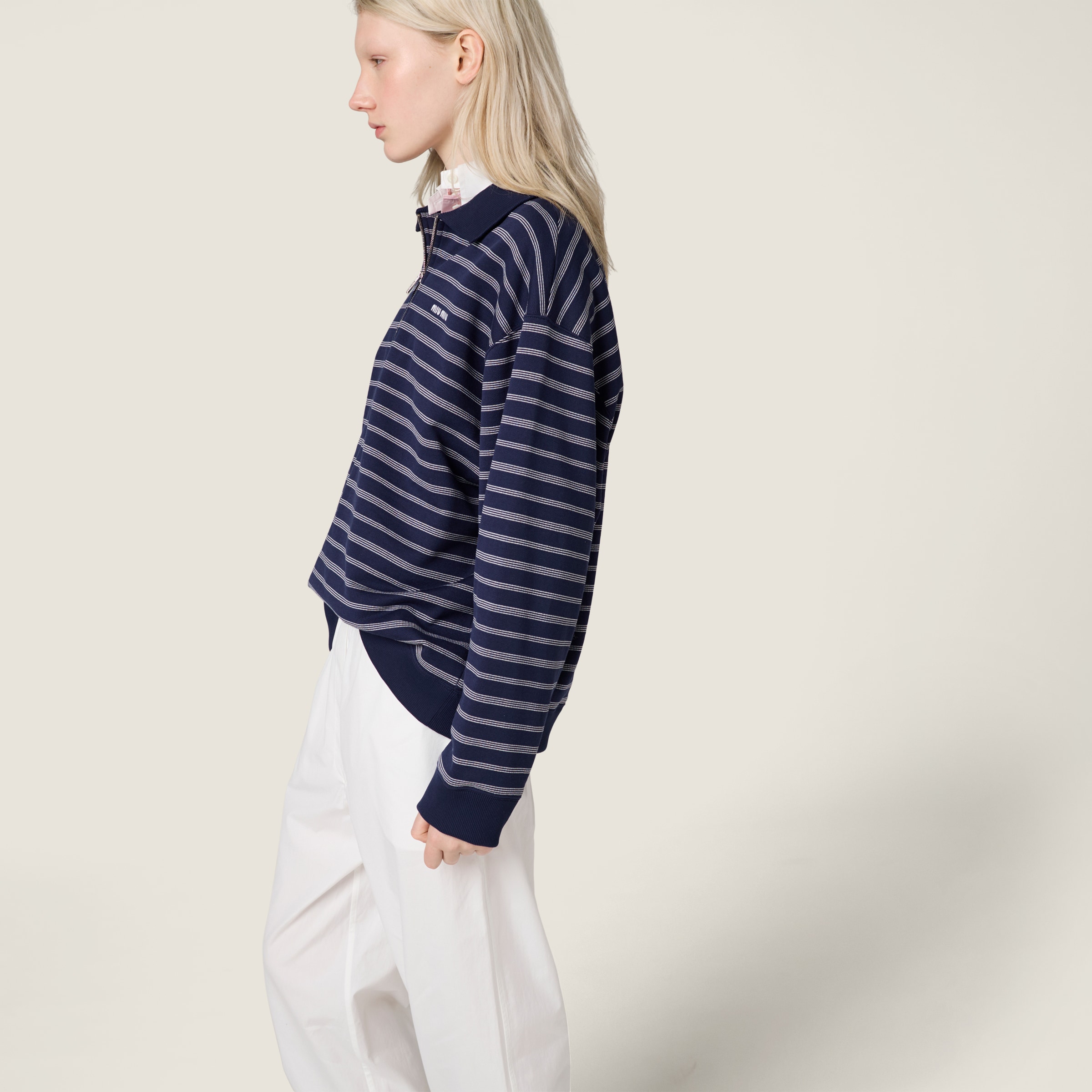 Blue/white Striped Zipper Polo Shirt | Miu Miu