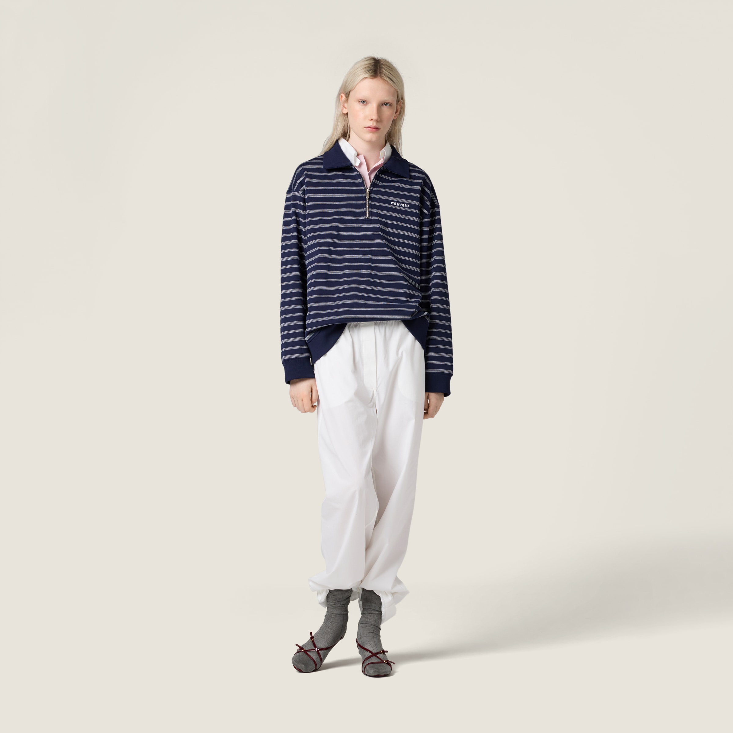 Miu Miu Striped Cotton Sweatshirt With Pointed Collar In Blue