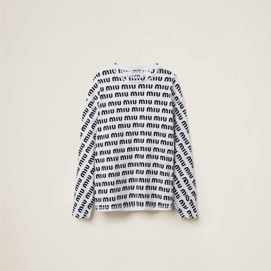Miumiu 2026 Crochet-knit Crew-neck T-shirt White and Navy Blue Tencel