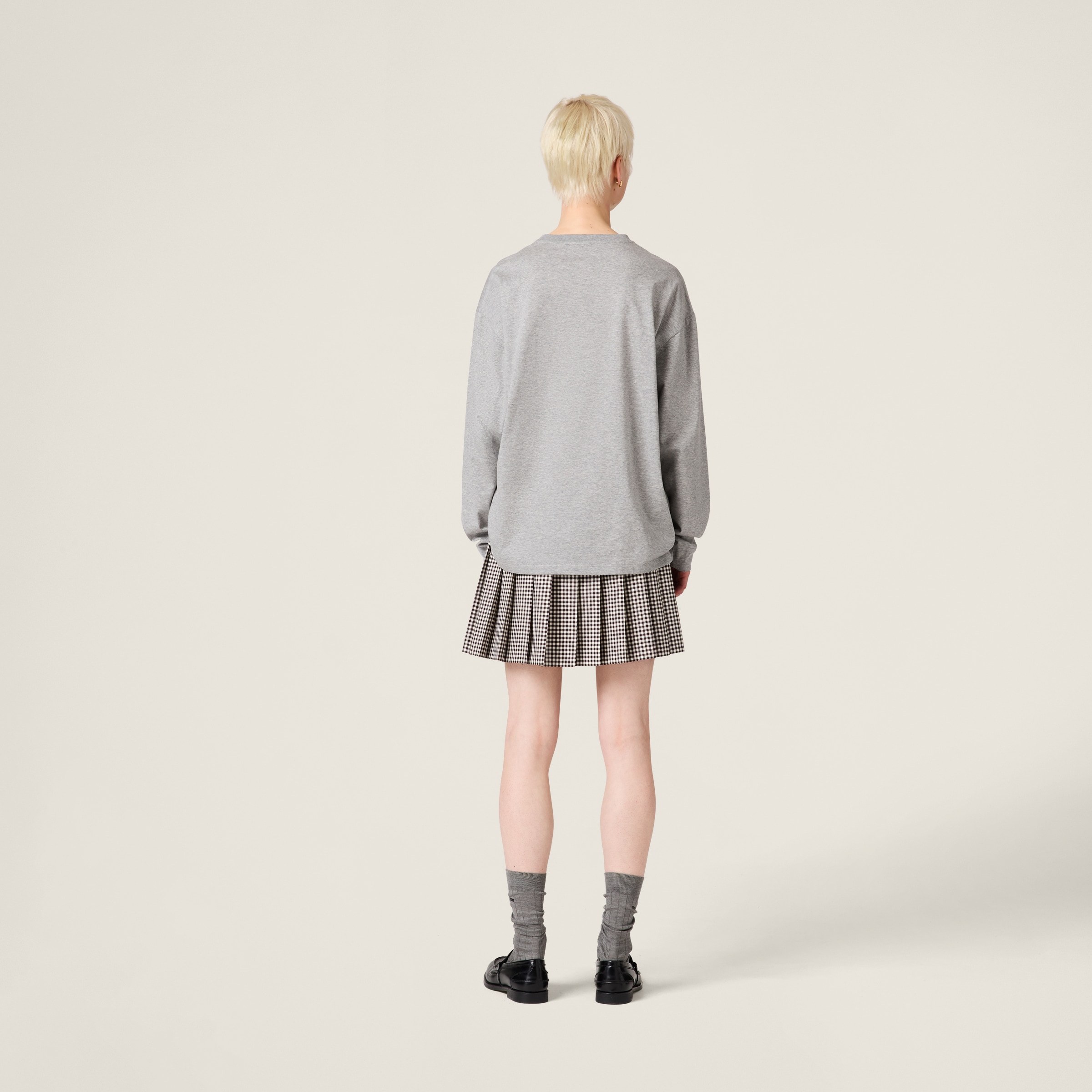 Grey Cotton T-shirt With Embroidered Logo | Miu Miu