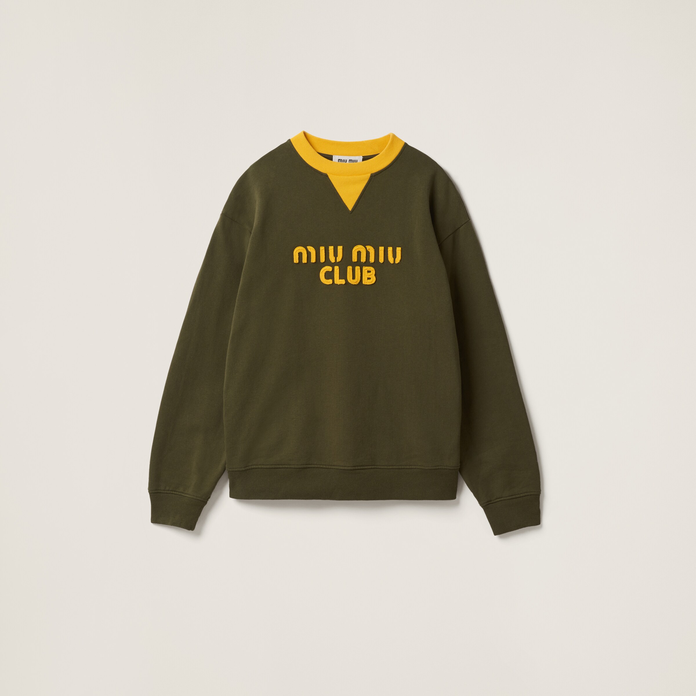 Miumiu Cotton Fleece Sweatshirt With Embroidered Logo In Camouflage/yellow