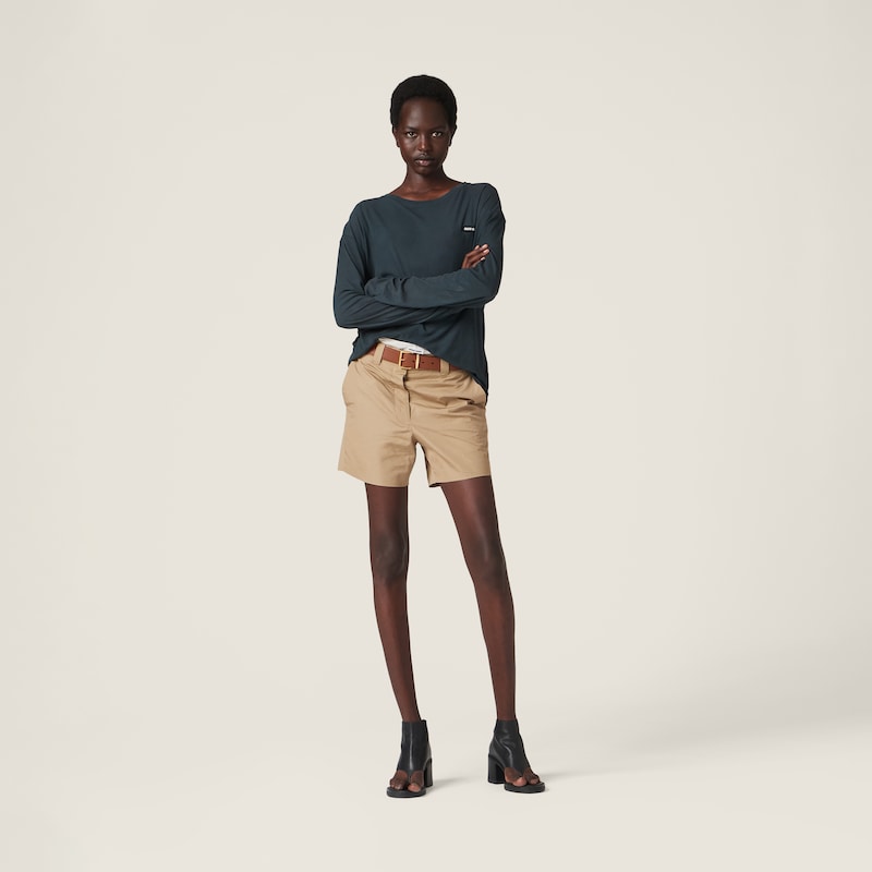 Long-sleeved garment-dyed ribbed knit jersey T-shirt