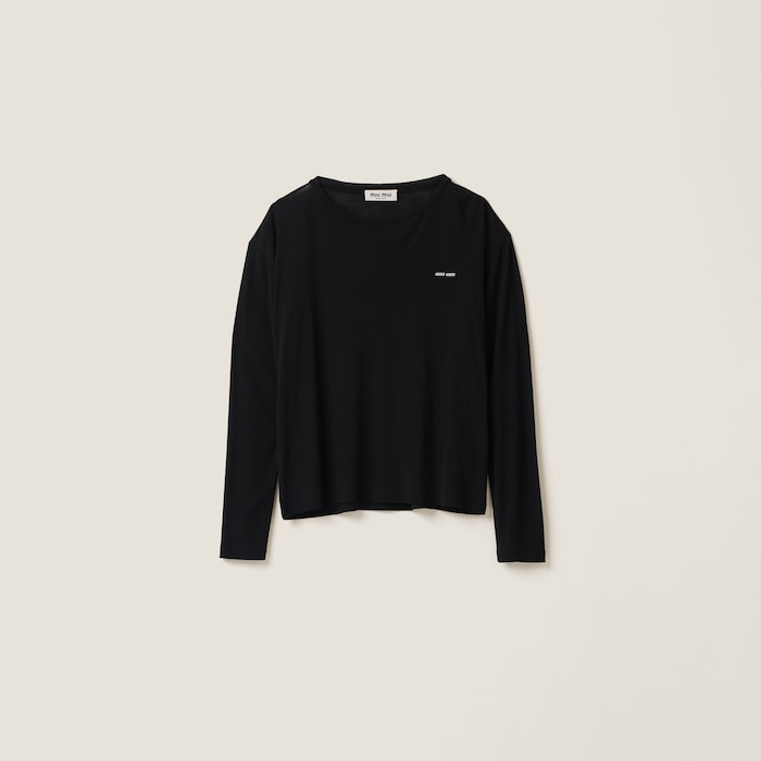 Black Long-sleeved Ribbed Jersey T-shirt | Miu Miu