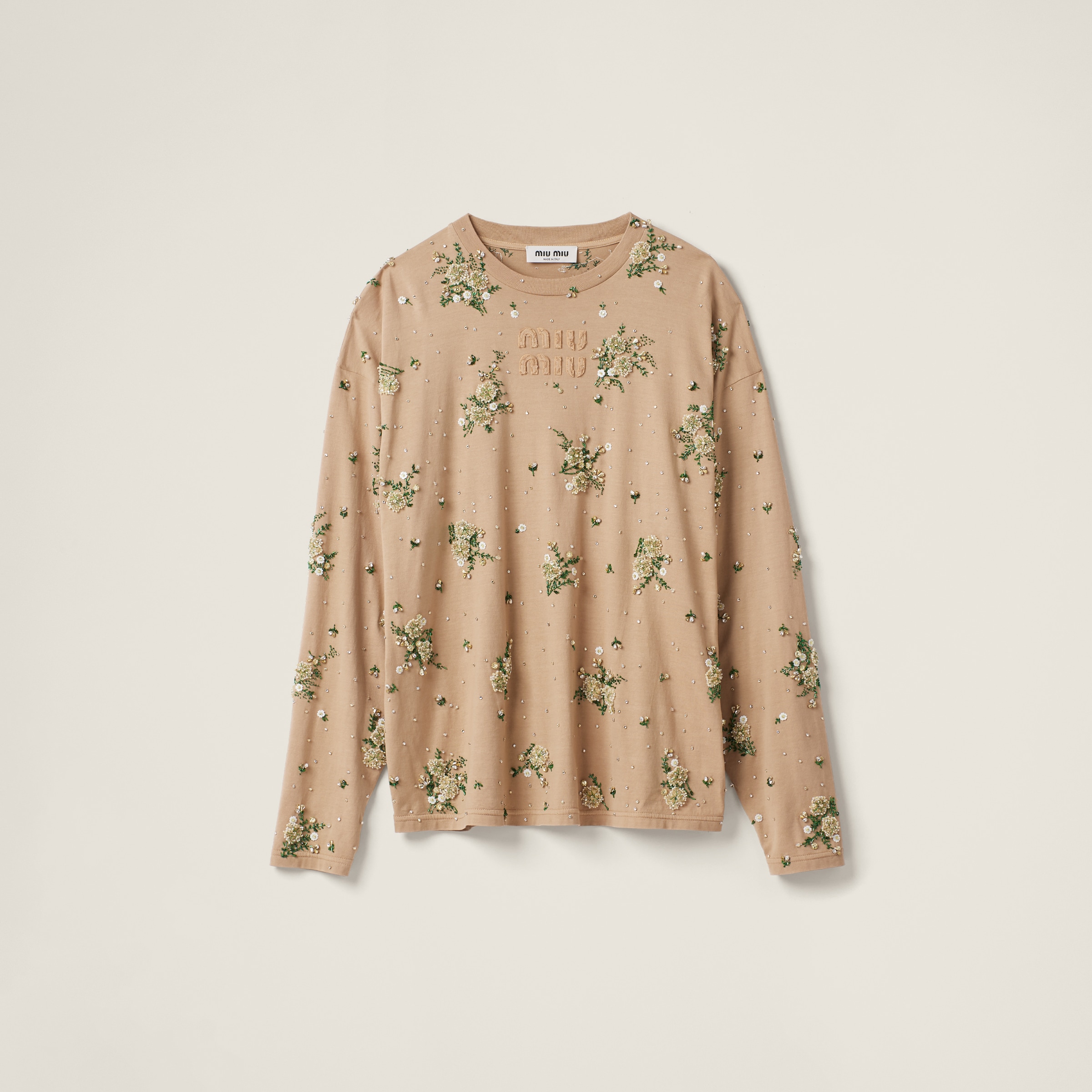 Miu Miu Garment-dyed Long-sleeve Jersey T-shirt With Embroidery In Neutrals