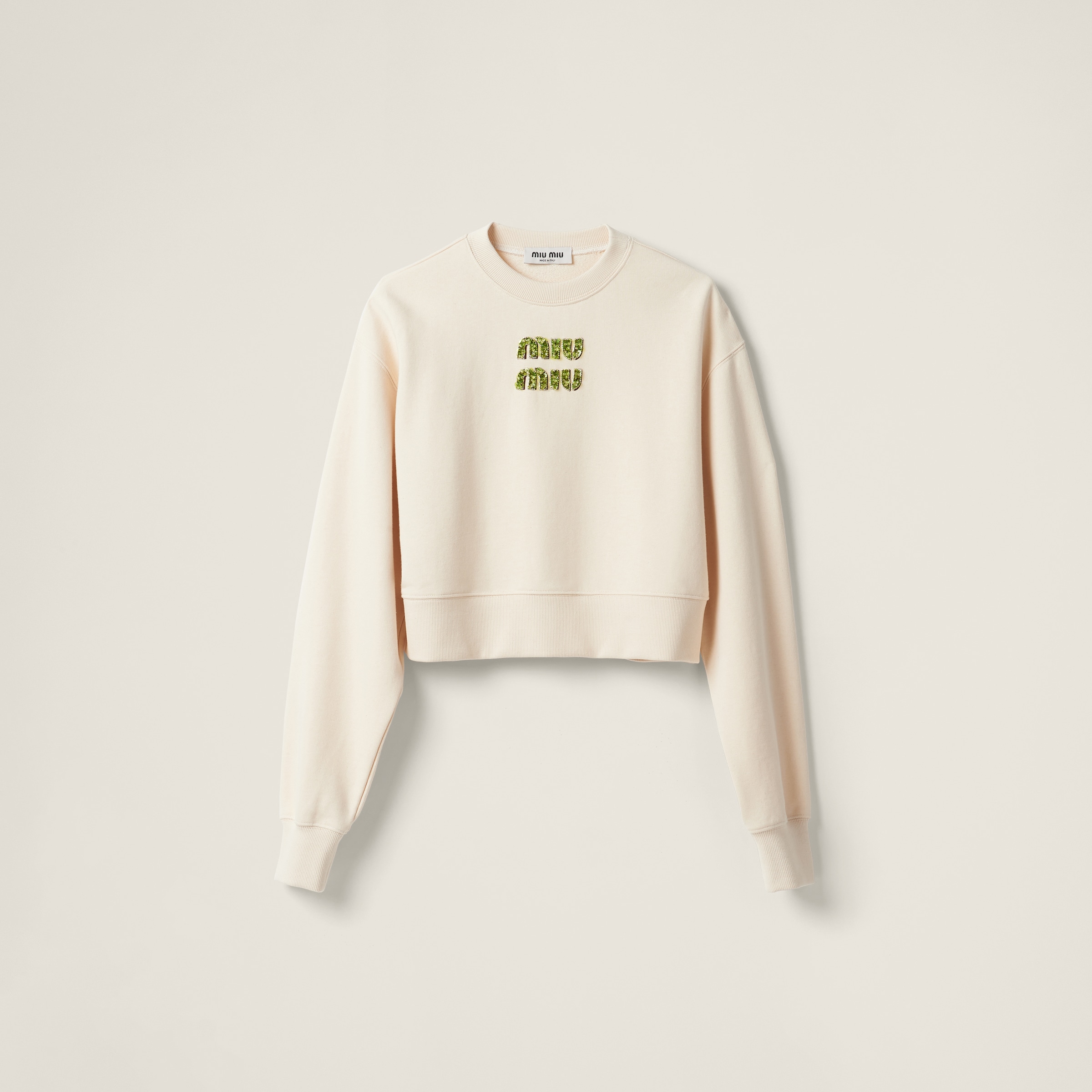 Miu Miu Sweatshirt With Embroidered Logo In Beige+fern Green