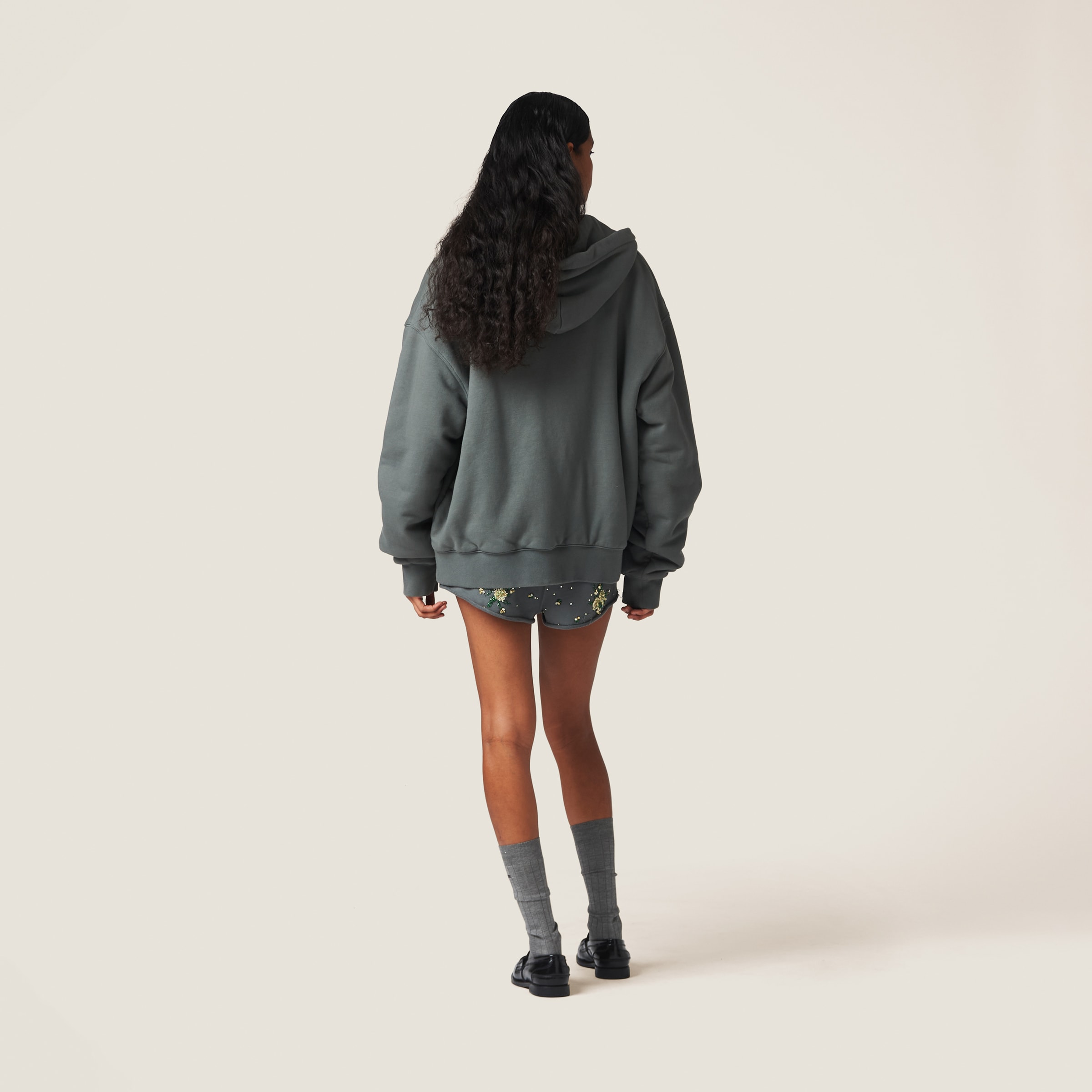 Iron Gray Garment Dyed Cotton Fleece Hoodie | Miu Miu